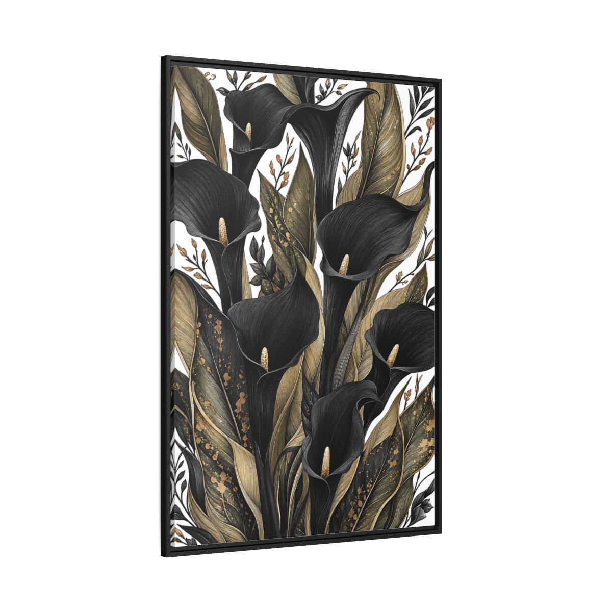 Floral Calla Lily Black And Gold Framed Canvas Print – Living Room, Above Sofa - YesArtYes