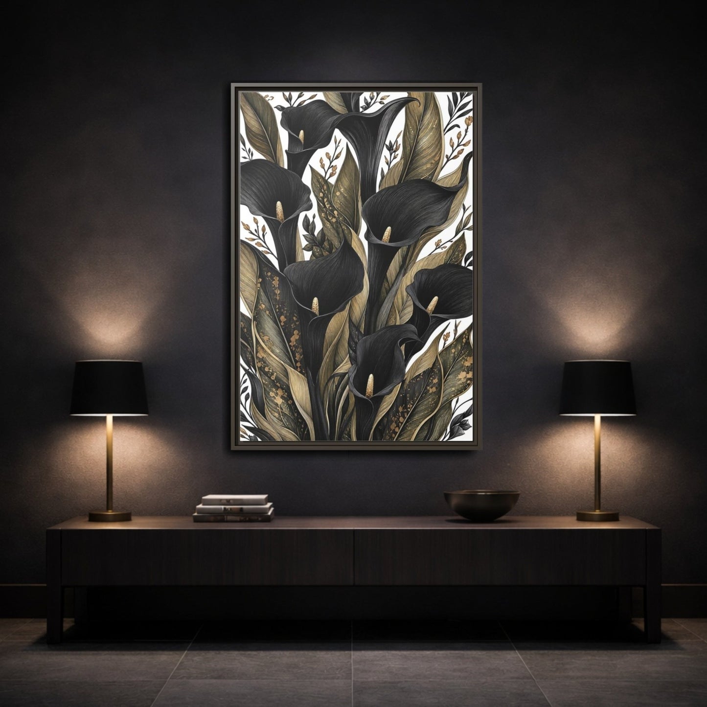 Floral Calla Lily Black And Gold Framed Canvas Print – Living Room, Above Sofa - YesArtYes
