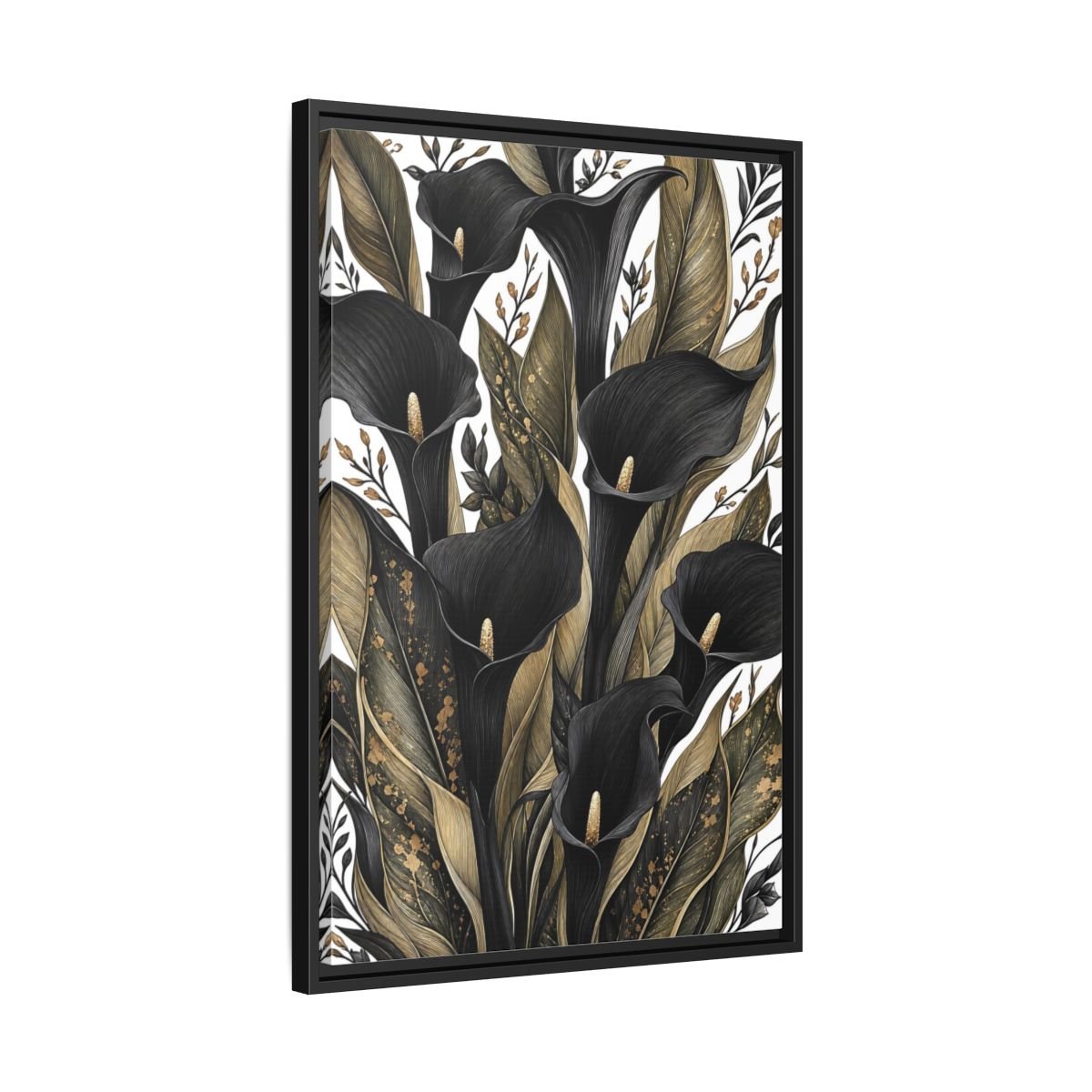 Floral Calla Lily Black And Gold Framed Canvas Print – Living Room, Above Sofa - YesArtYes