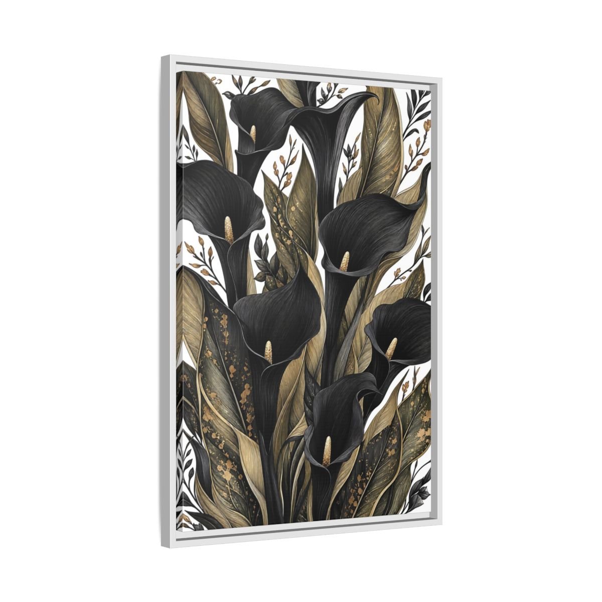 Floral Calla Lily Black And Gold Framed Canvas Print – Living Room, Above Sofa - YesArtYes