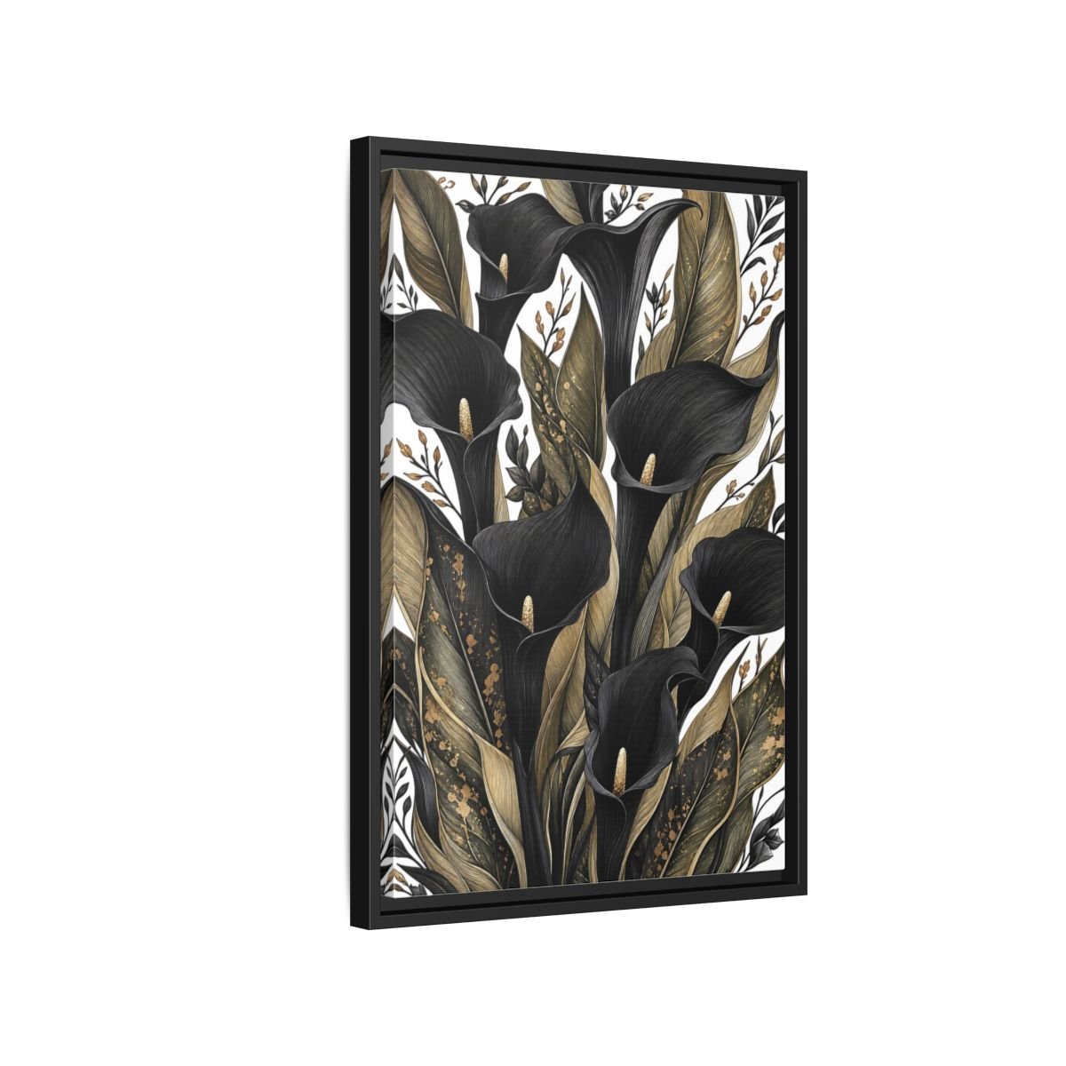 Floral Calla Lily Black And Gold Framed Canvas Print – Living Room, Above Sofa - YesArtYes