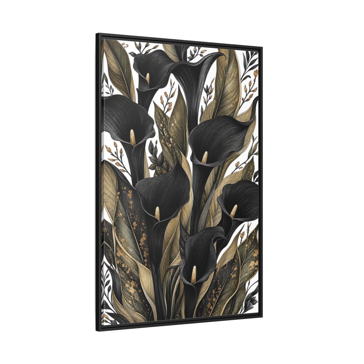 Side Mockup 12. Floral Calla Lily Black And Gold shown as framed canvas print