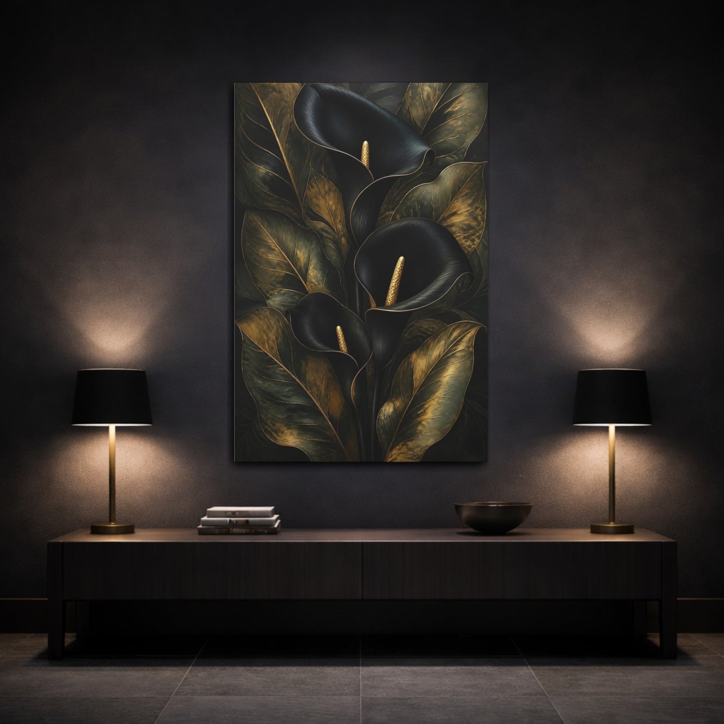 Mockup 3. Floral Calla Lily Black And Gold shown as canvas print