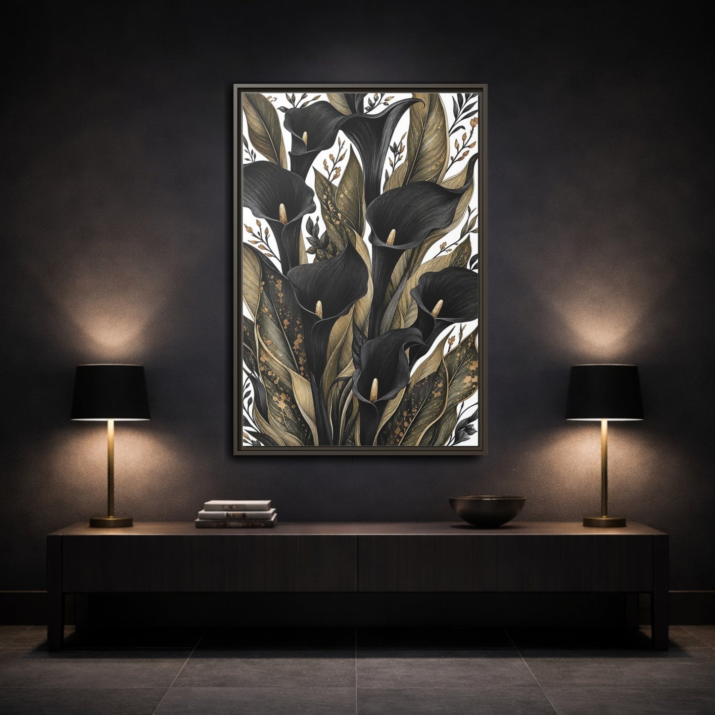 Mockup 3. Floral Calla Lily Black And Gold shown as framed canvas print