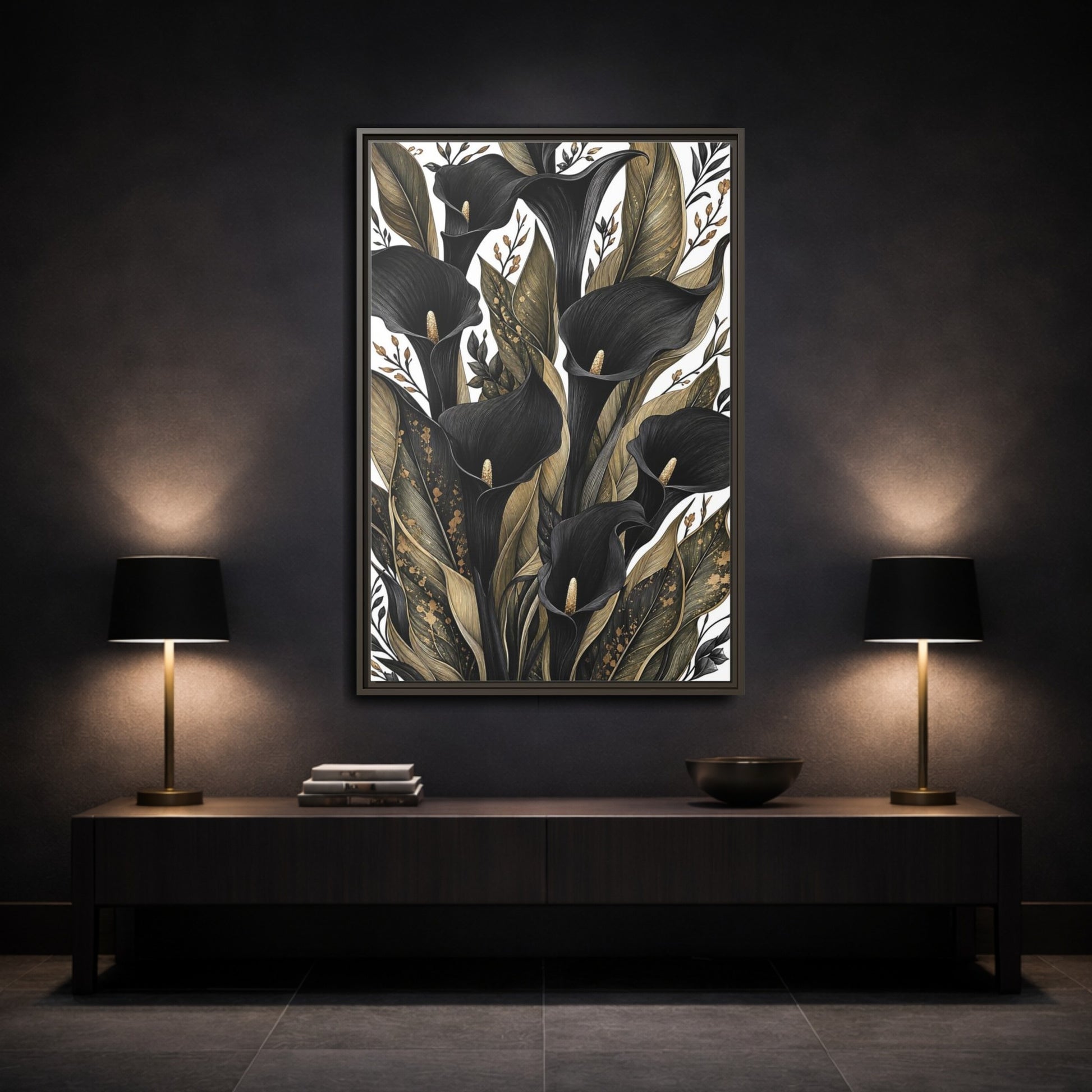 Mockup 3. Floral Calla Lily Black And Gold shown as framed canvas print