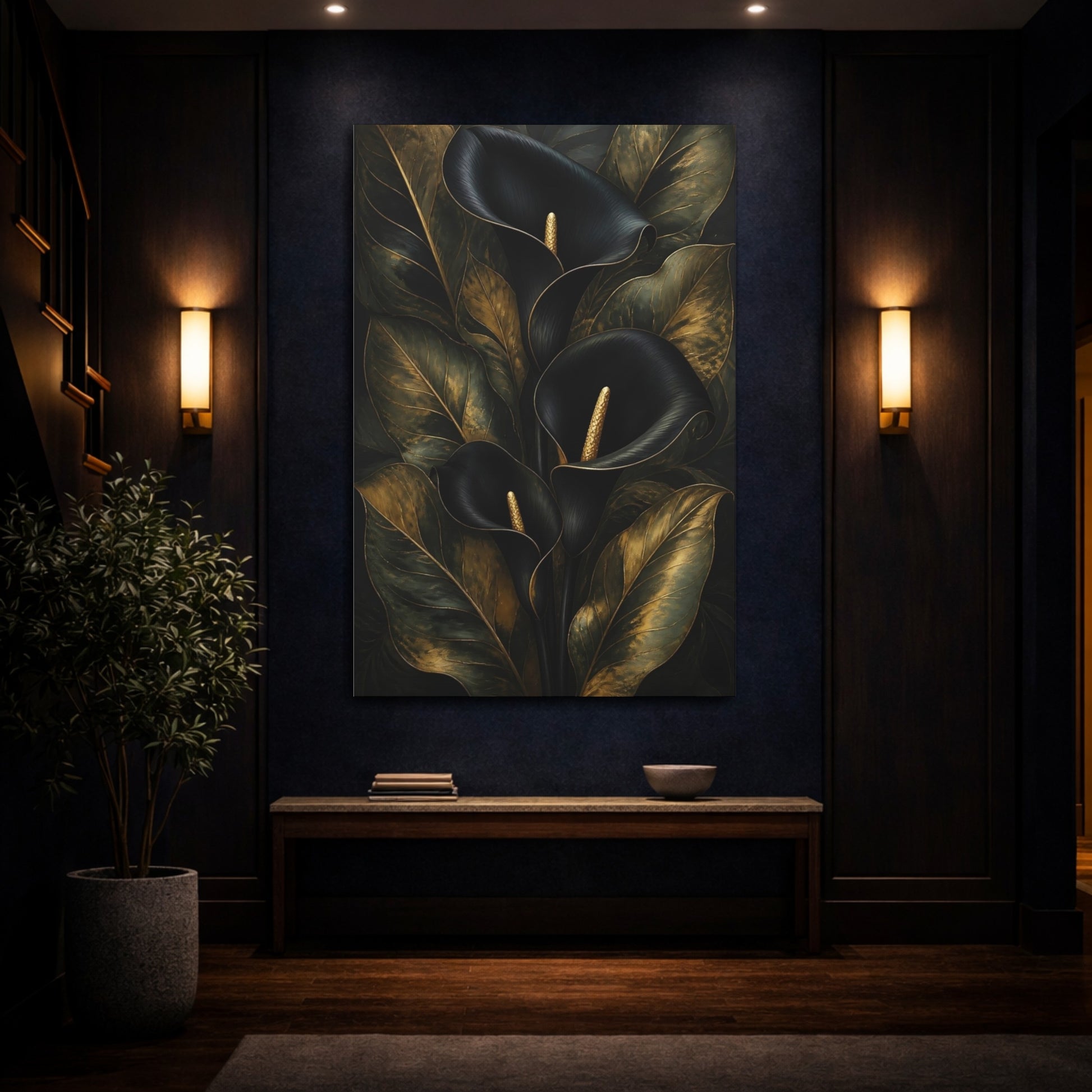 Mockup 4. Floral Calla Lily Black And Gold shown as canvas print