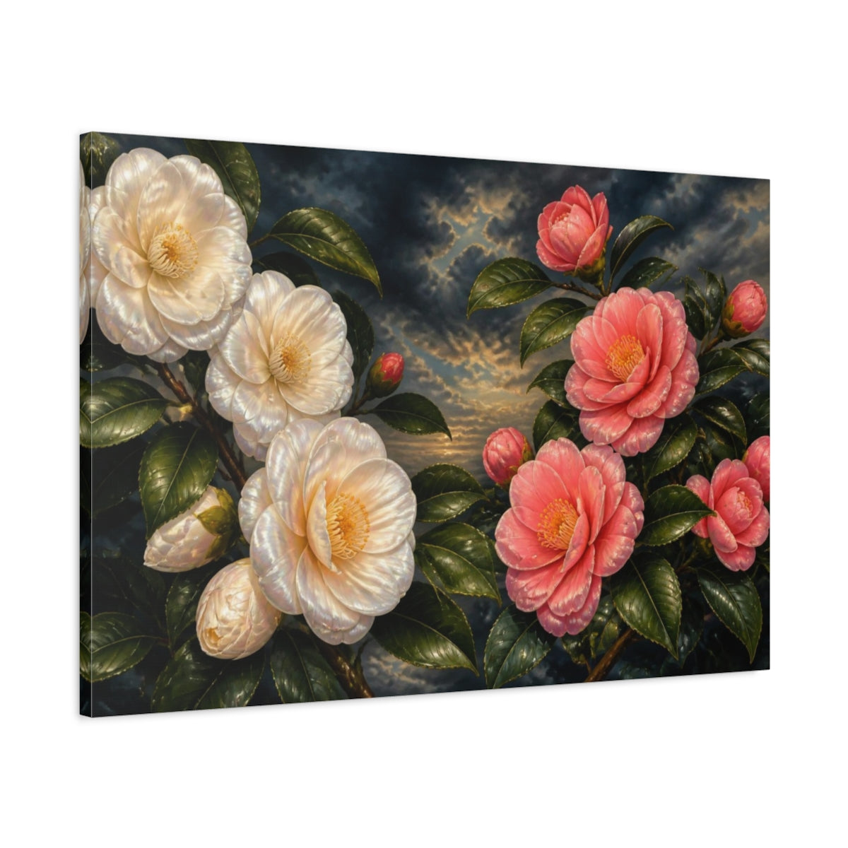 Main Mockup. Floral Camellia Evening shown as canvas print