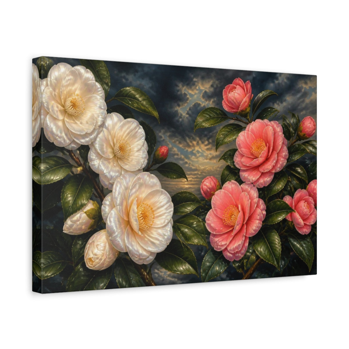 Side Mockup 4. Floral Camellia Evening shown as canvas print