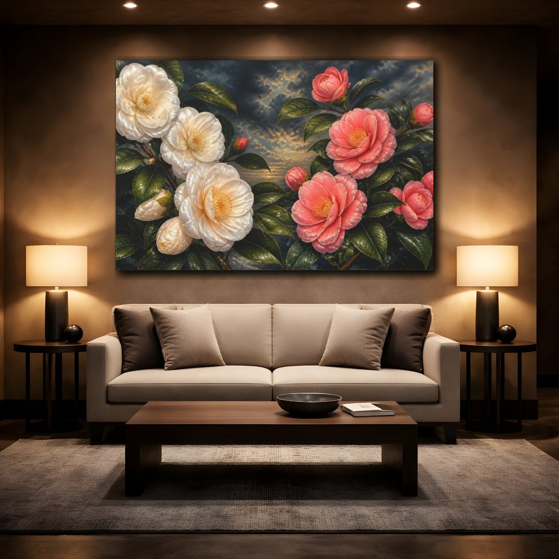 Mockup 2. Floral Camellia Evening shown as canvas print