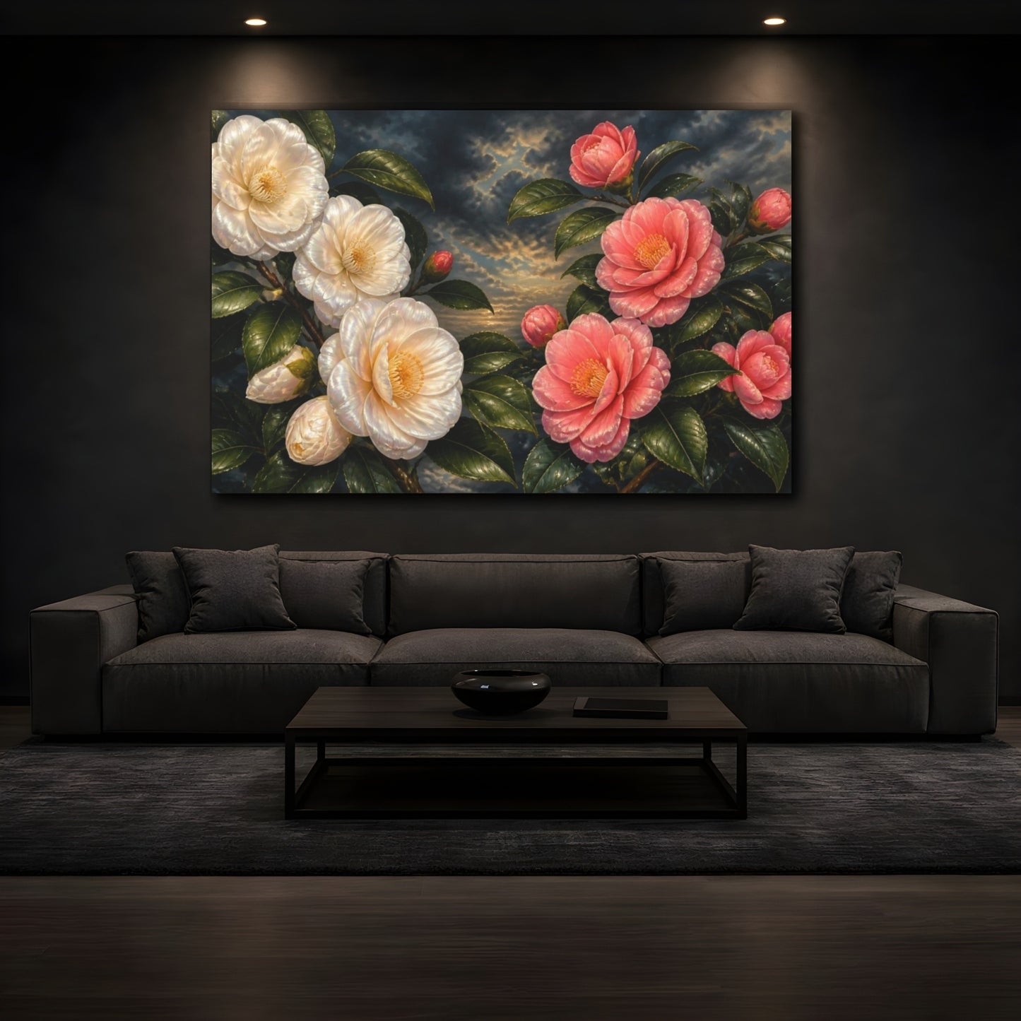 Mockup 3. Floral Camellia Evening shown as canvas print