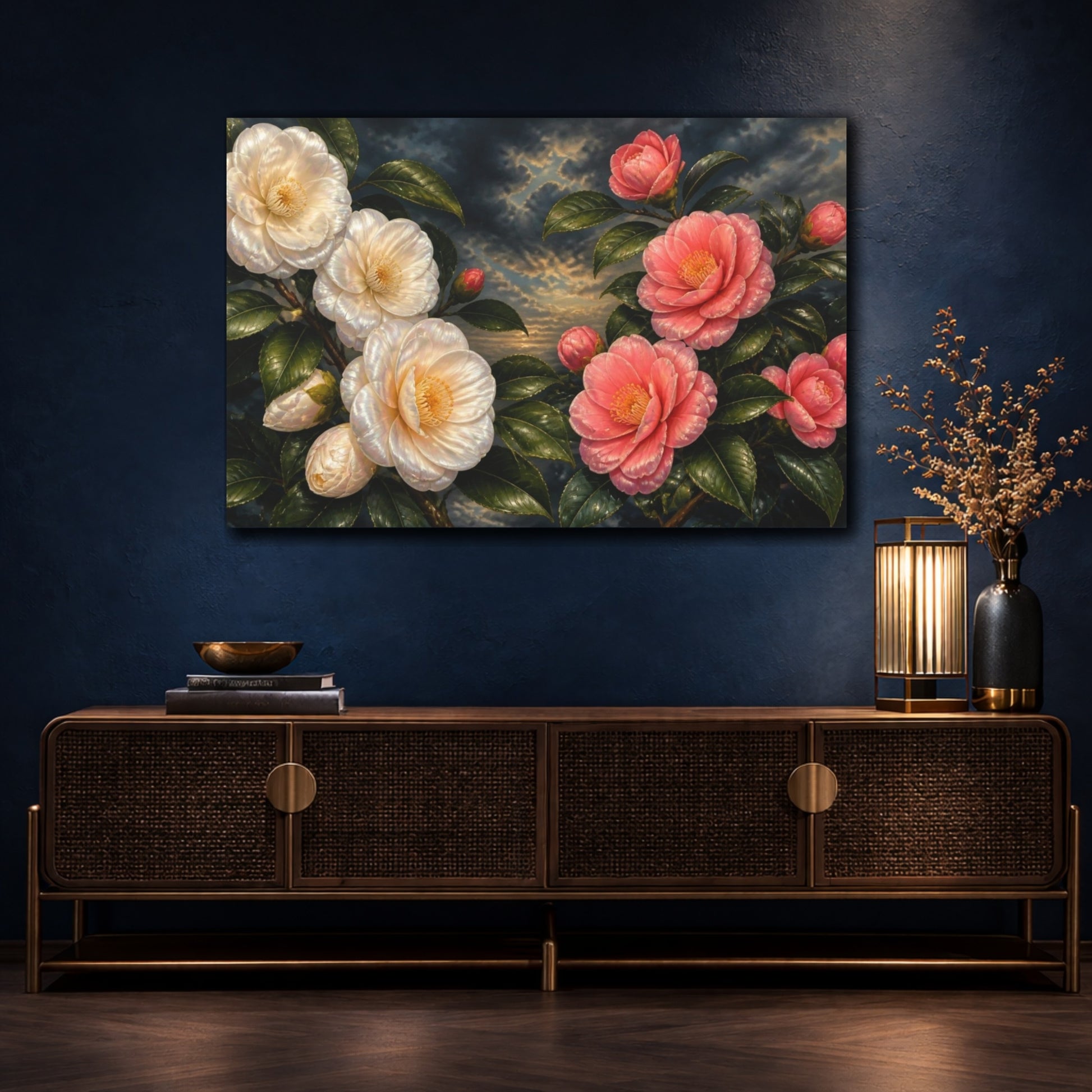 Mockup 4. Floral Camellia Evening shown as canvas print