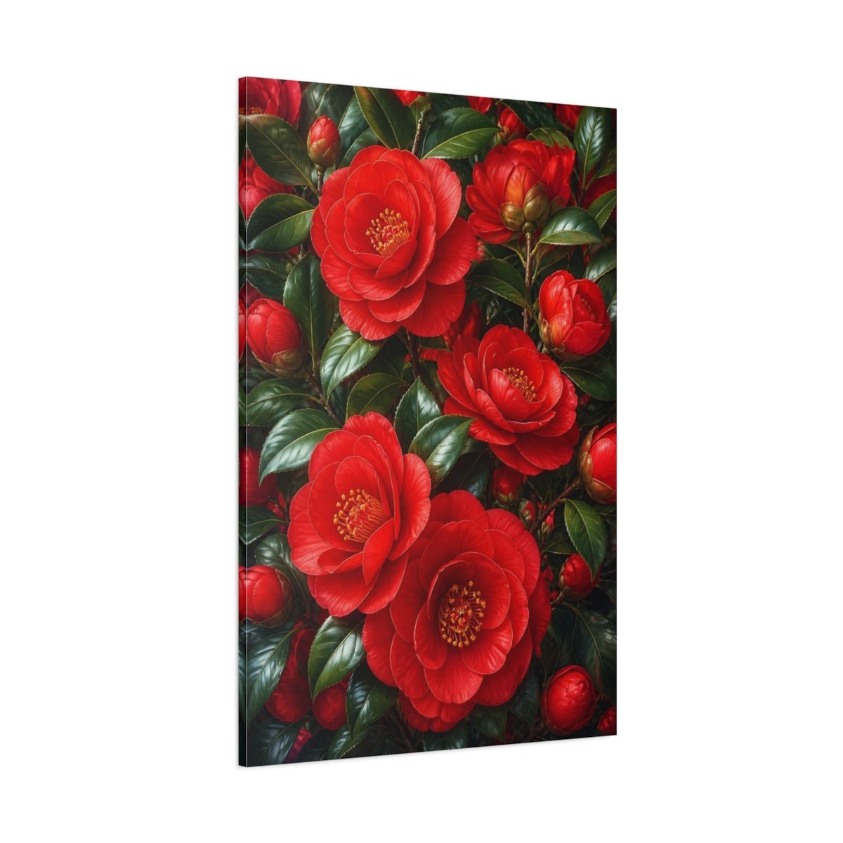 Floral Camellia Flowers Red And Green Canvas Print – Living Room, Above Fireplace - YesArtYes