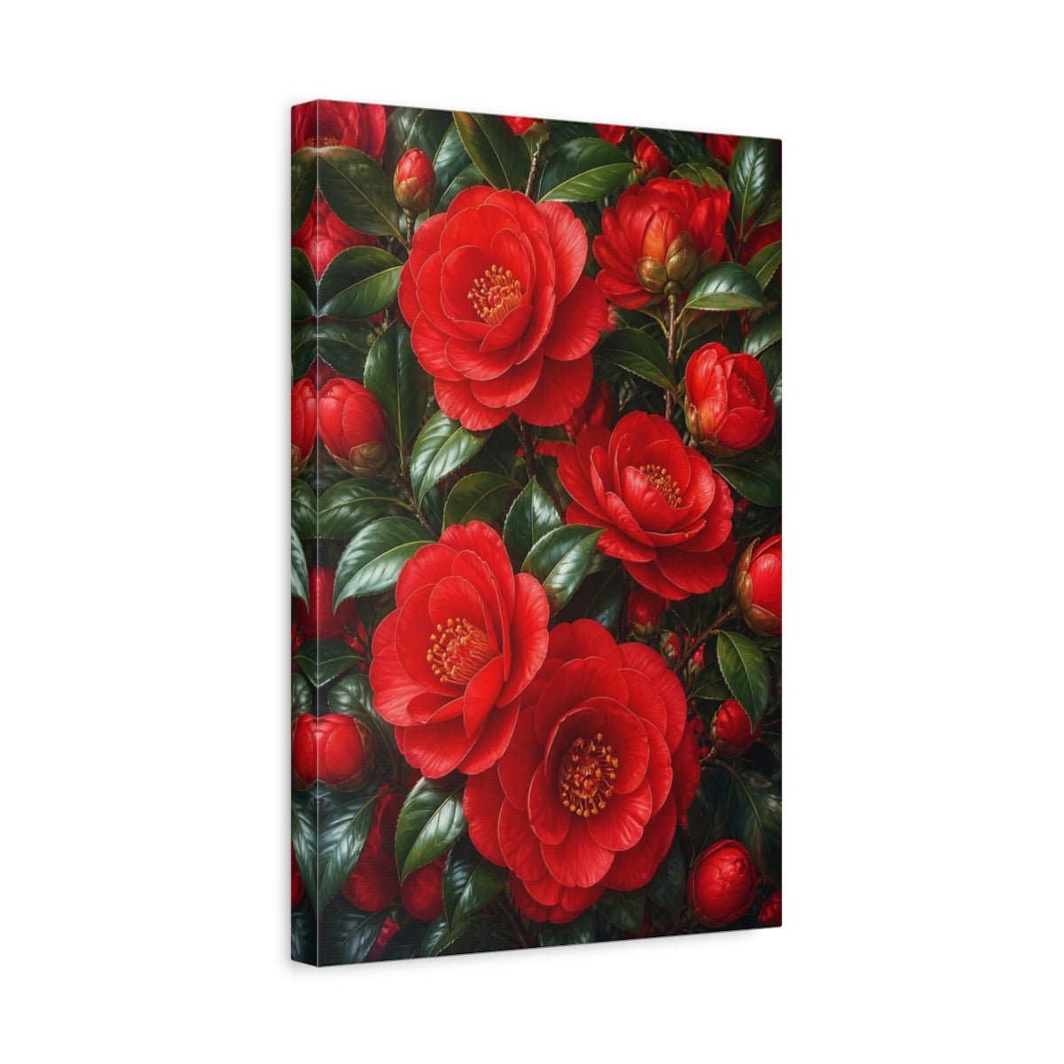 Floral Camellia Flowers Red And Green Canvas Print – Living Room, Above Fireplace - YesArtYes