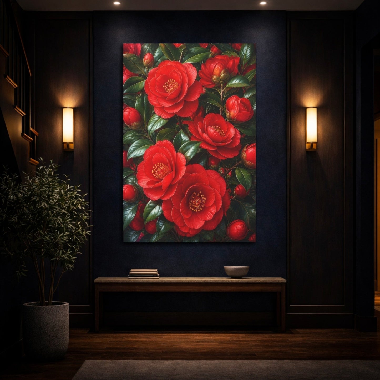 Floral Camellia Flowers Red And Green Canvas Print – Living Room, Above Fireplace - YesArtYes