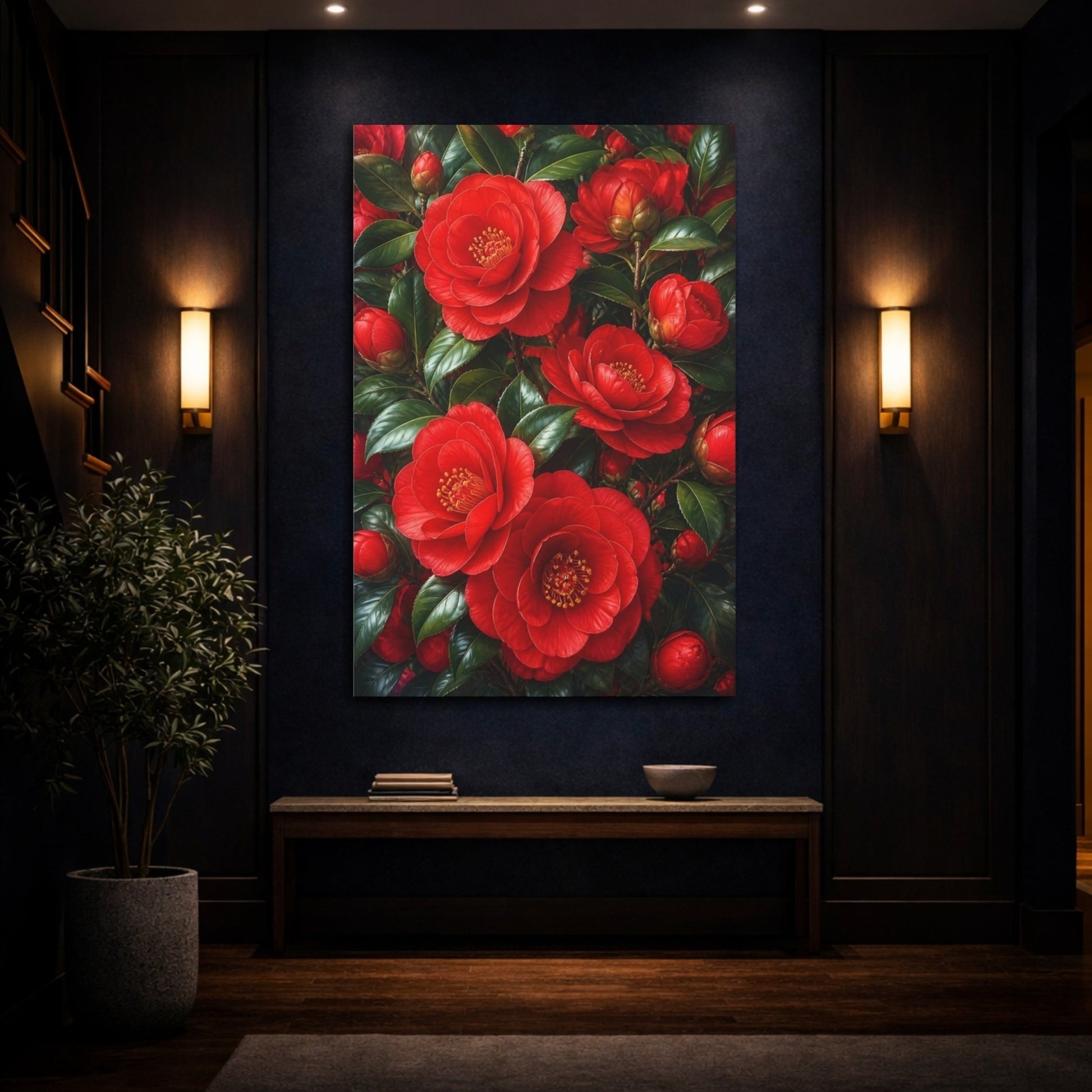 Floral Camellia Flowers Red And Green Canvas Print – Living Room, Above Fireplace - YesArtYes