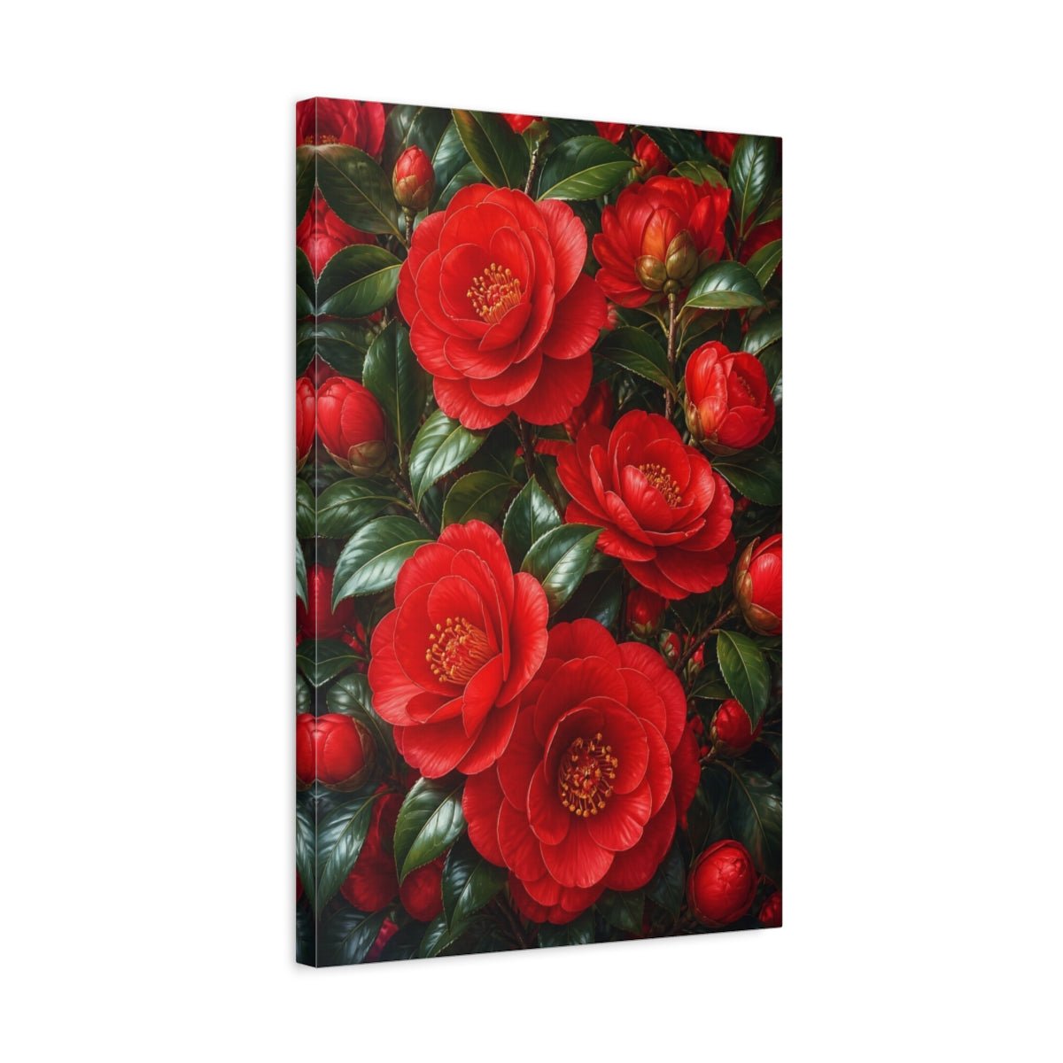 Floral Camellia Flowers Red And Green Canvas Print – Living Room, Above Fireplace - YesArtYes