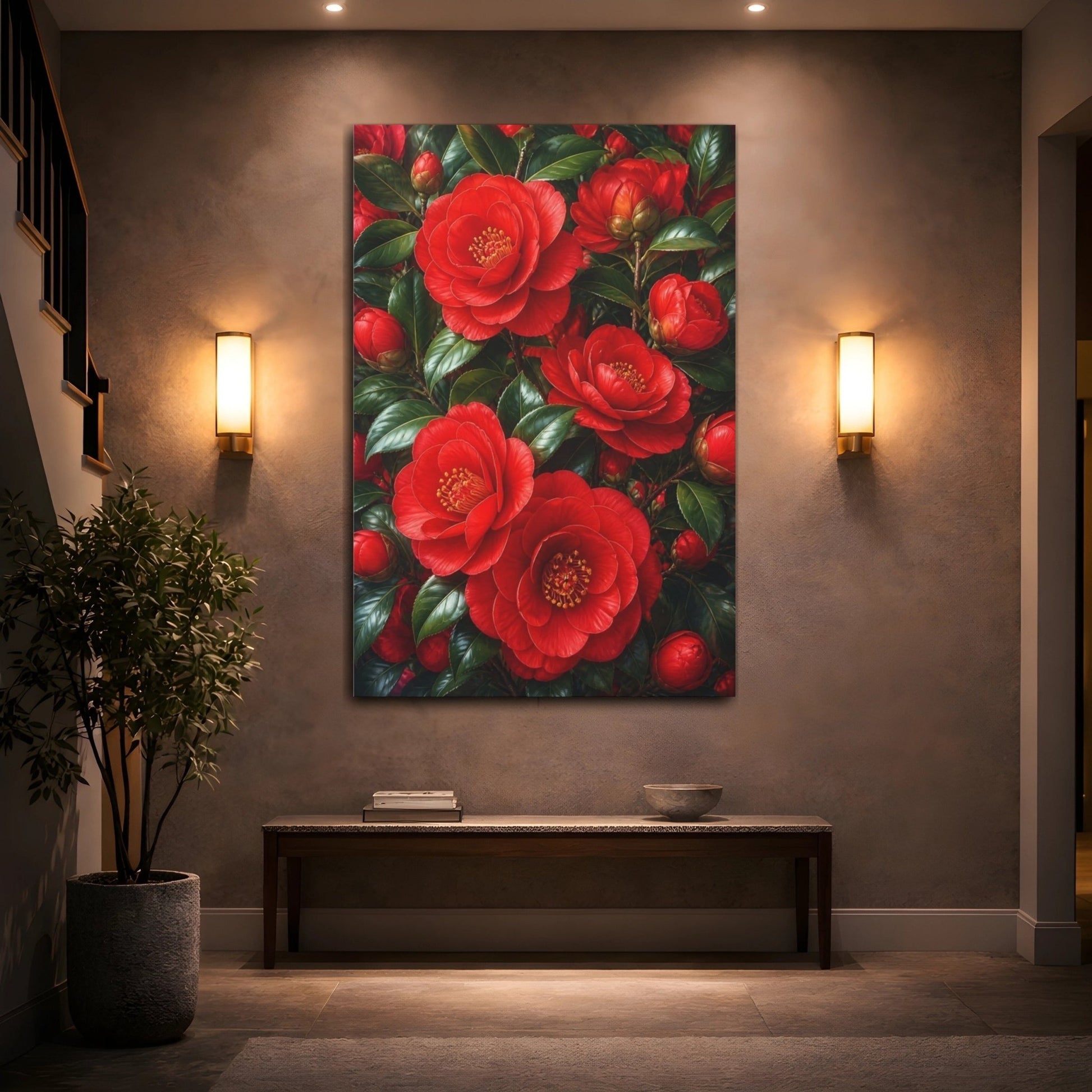 Floral Camellia Flowers Red And Green Canvas Print – Living Room, Above Fireplace - YesArtYes