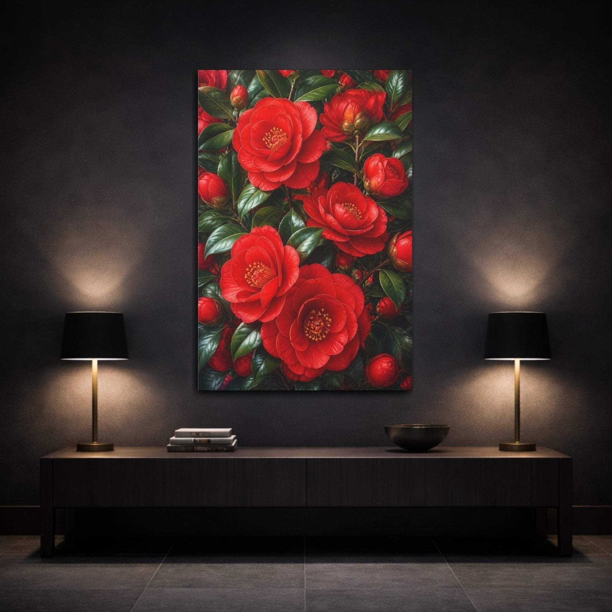 Floral Camellia Flowers Red And Green Canvas Print – Living Room, Above Fireplace - YesArtYes