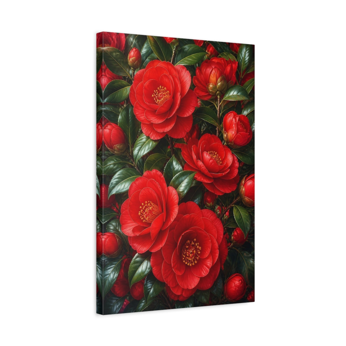 Side Mockup 3. Floral Camellia Flowers Red And Green shown as canvas print