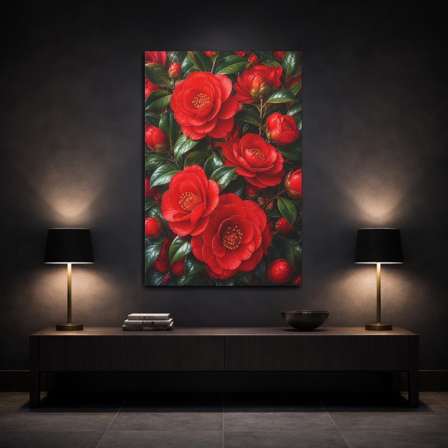Mockup 3. Floral Camellia Flowers Red And Green shown as canvas print