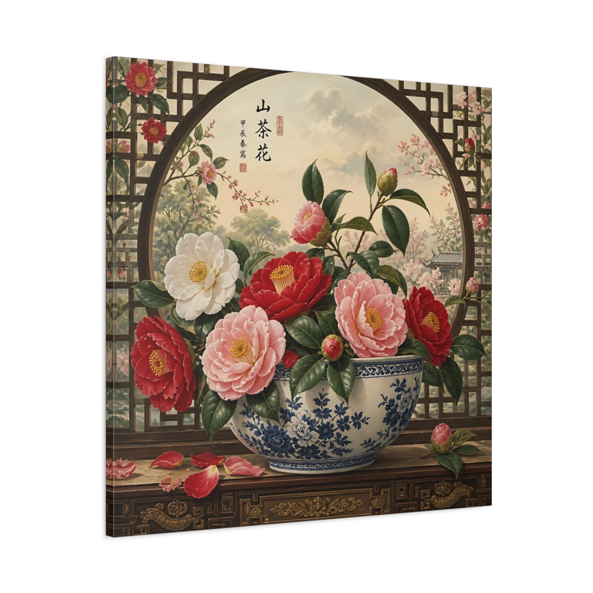 Main Mockup. Floral Camellia Flowers Traditional Camellia shown as stretched canvas wall art