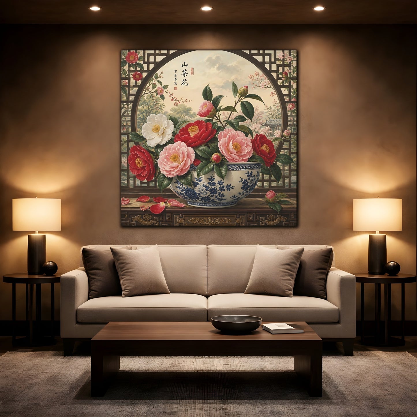 Mockup 2. Floral Camellia Flowers Traditional Camellia shown as stretched canvas wall art