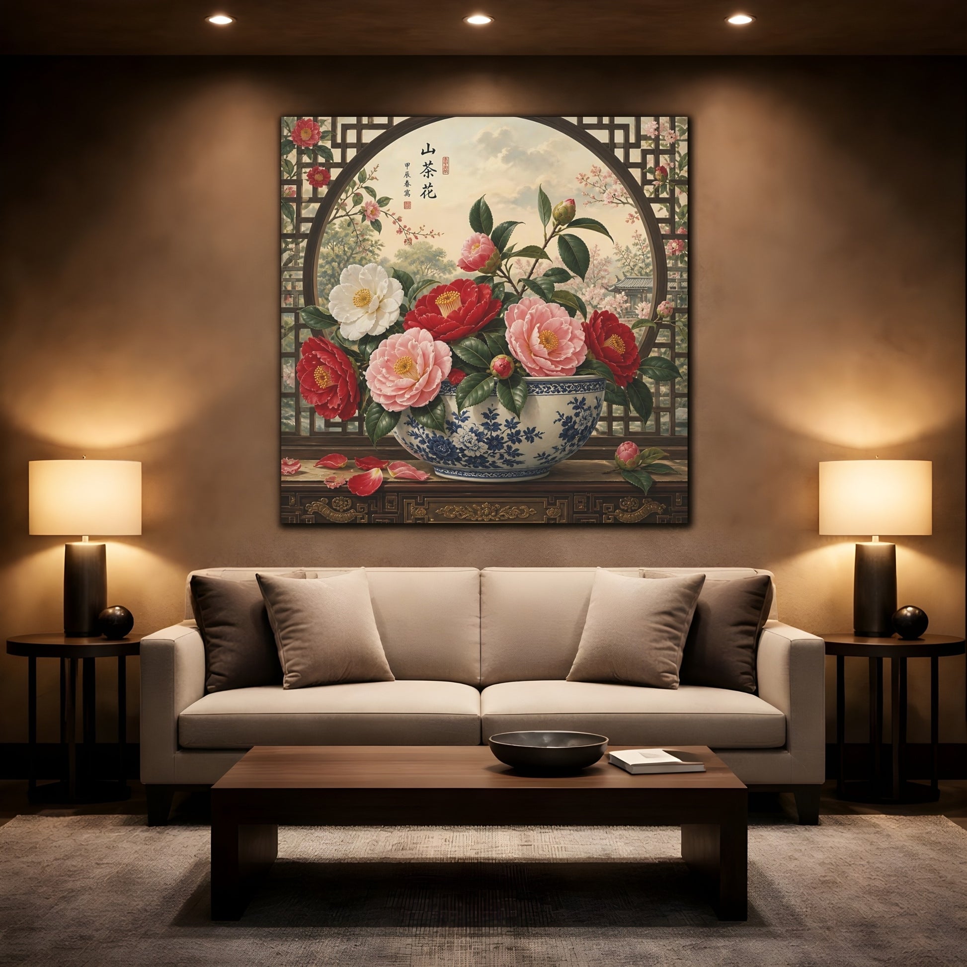 Mockup 2. Floral Camellia Flowers Traditional Camellia shown as stretched canvas wall art