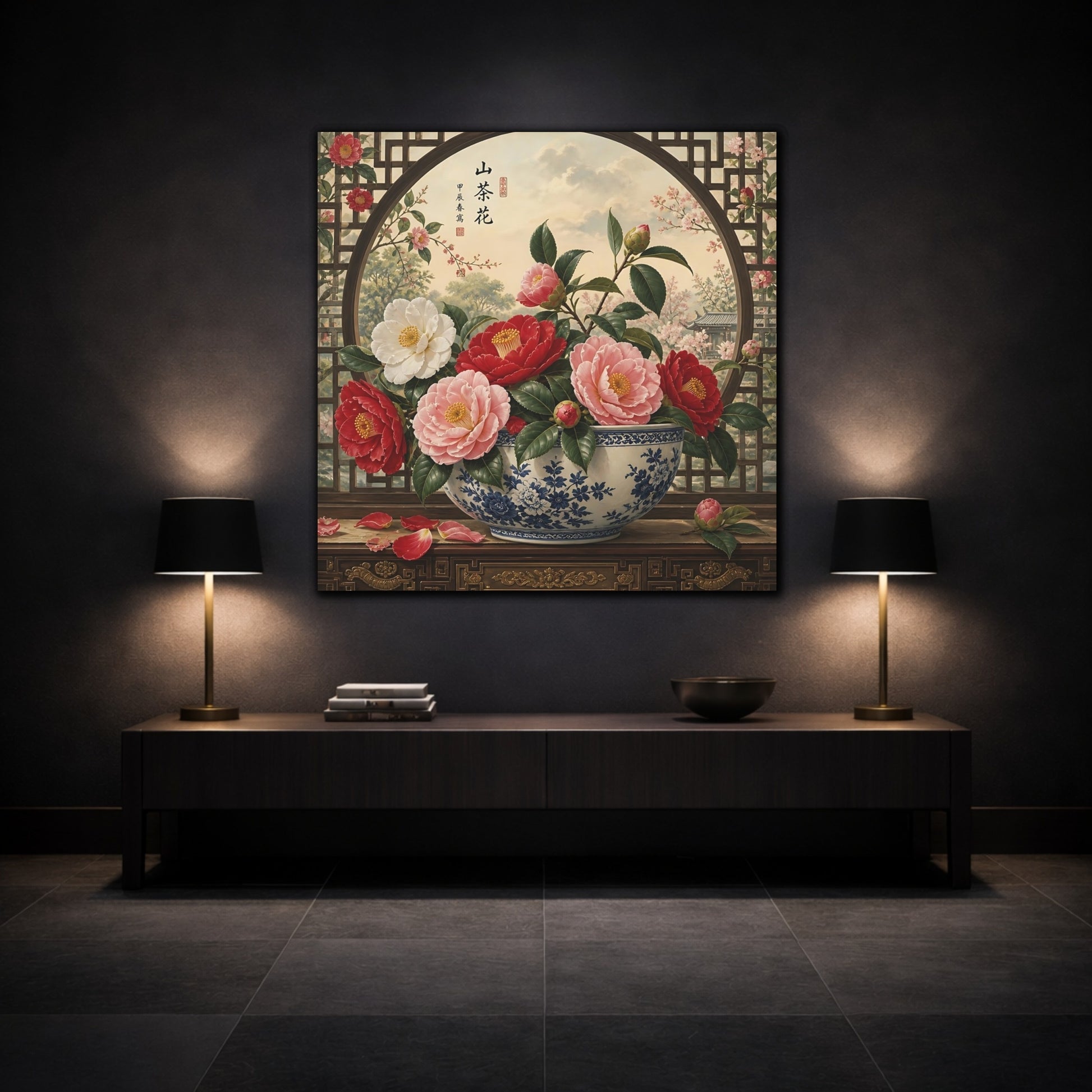 Mockup 3. Floral Camellia Flowers Traditional Camellia shown as stretched canvas wall art