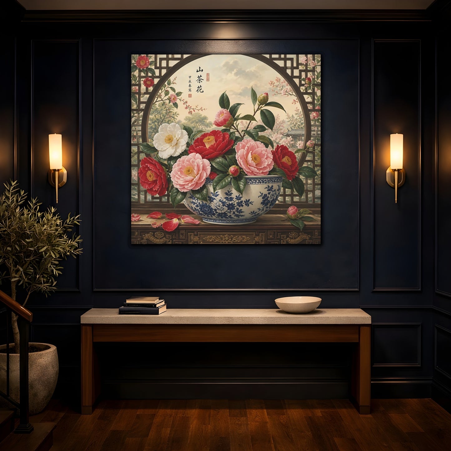 Mockup 4. Floral Camellia Flowers Traditional Camellia shown as stretched canvas wall art