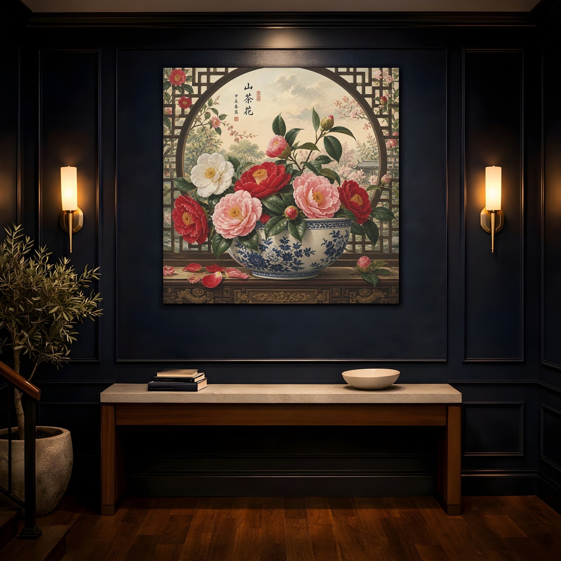Mockup 4. Floral Camellia Flowers Traditional Camellia shown as stretched canvas wall art