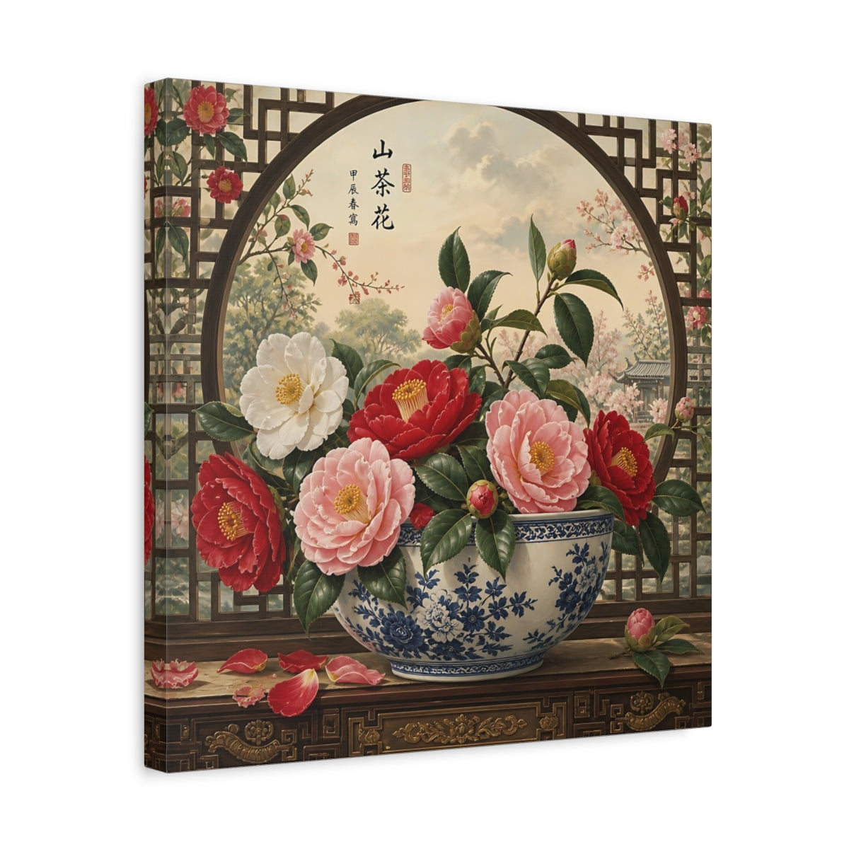 Side Mockup 6. Floral Camellia Flowers Traditional Camellia shown as stretched canvas wall art