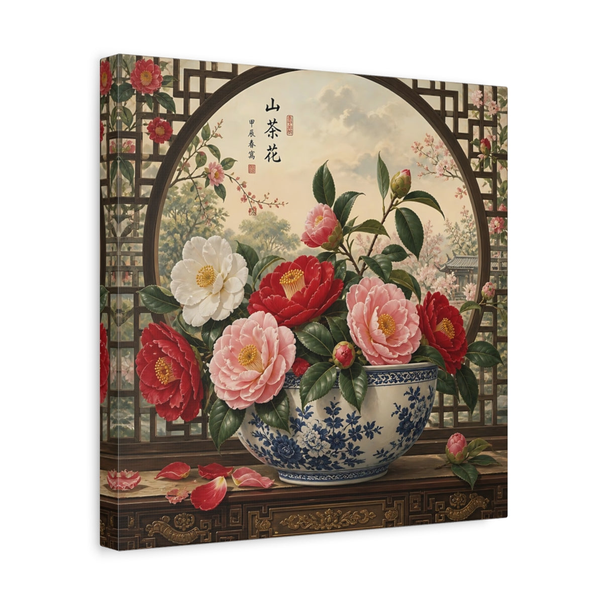 Side Mockup 7. Floral Camellia Flowers Traditional Camellia shown as stretched canvas wall art