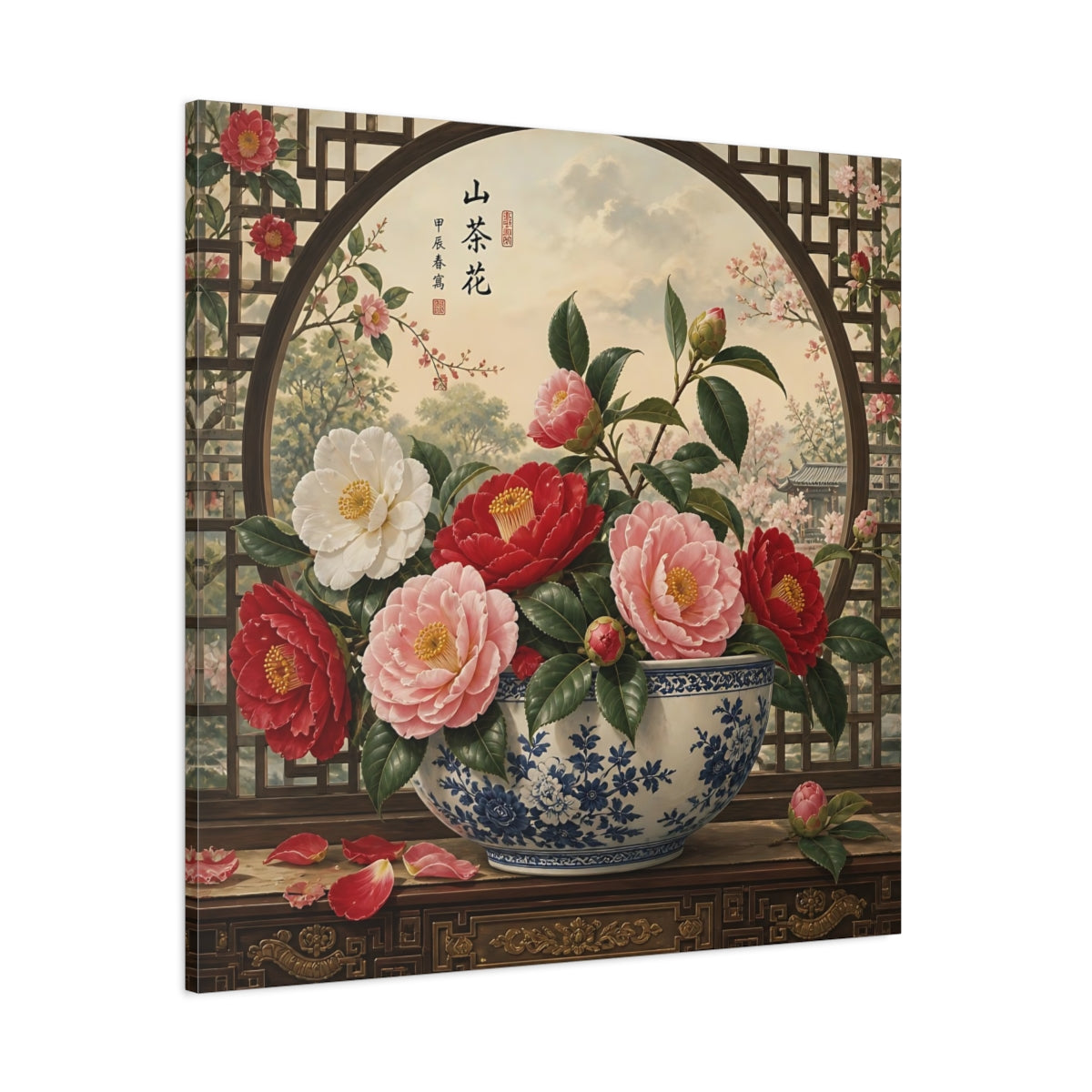 Side Mockup 1. Floral Camellia Flowers Traditional Camellia shown as stretched canvas wall art