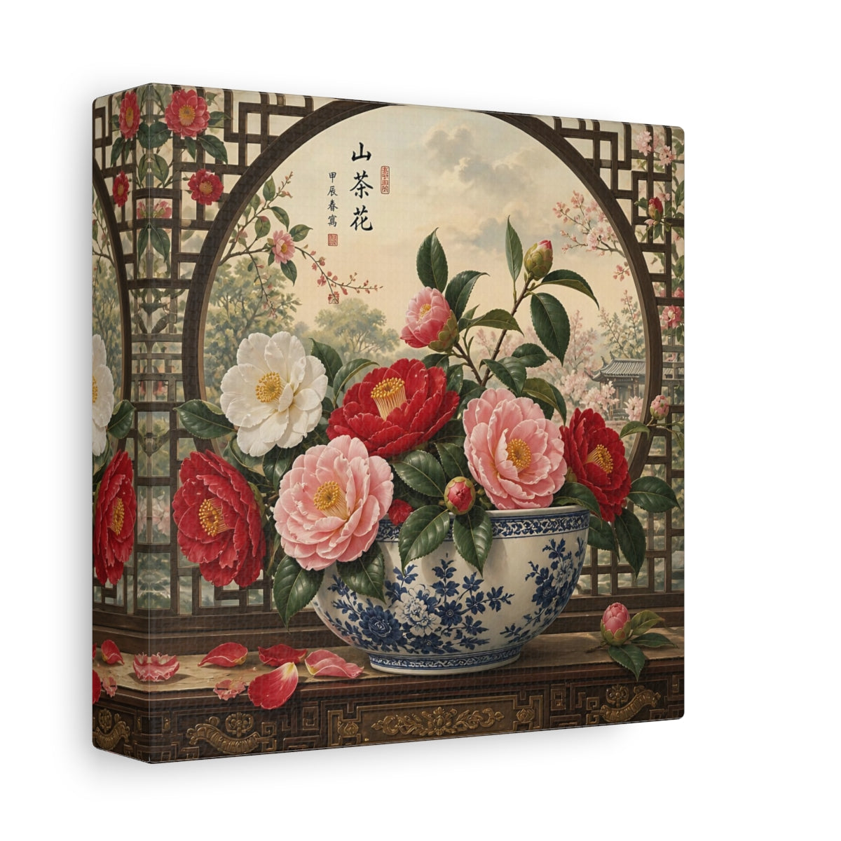 Side Mockup 2. Floral Camellia Flowers Traditional Camellia shown as stretched canvas wall art