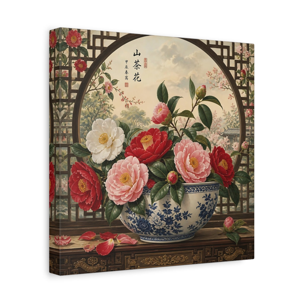 Side Mockup 8. Floral Camellia Flowers Traditional Camellia shown as stretched canvas wall art