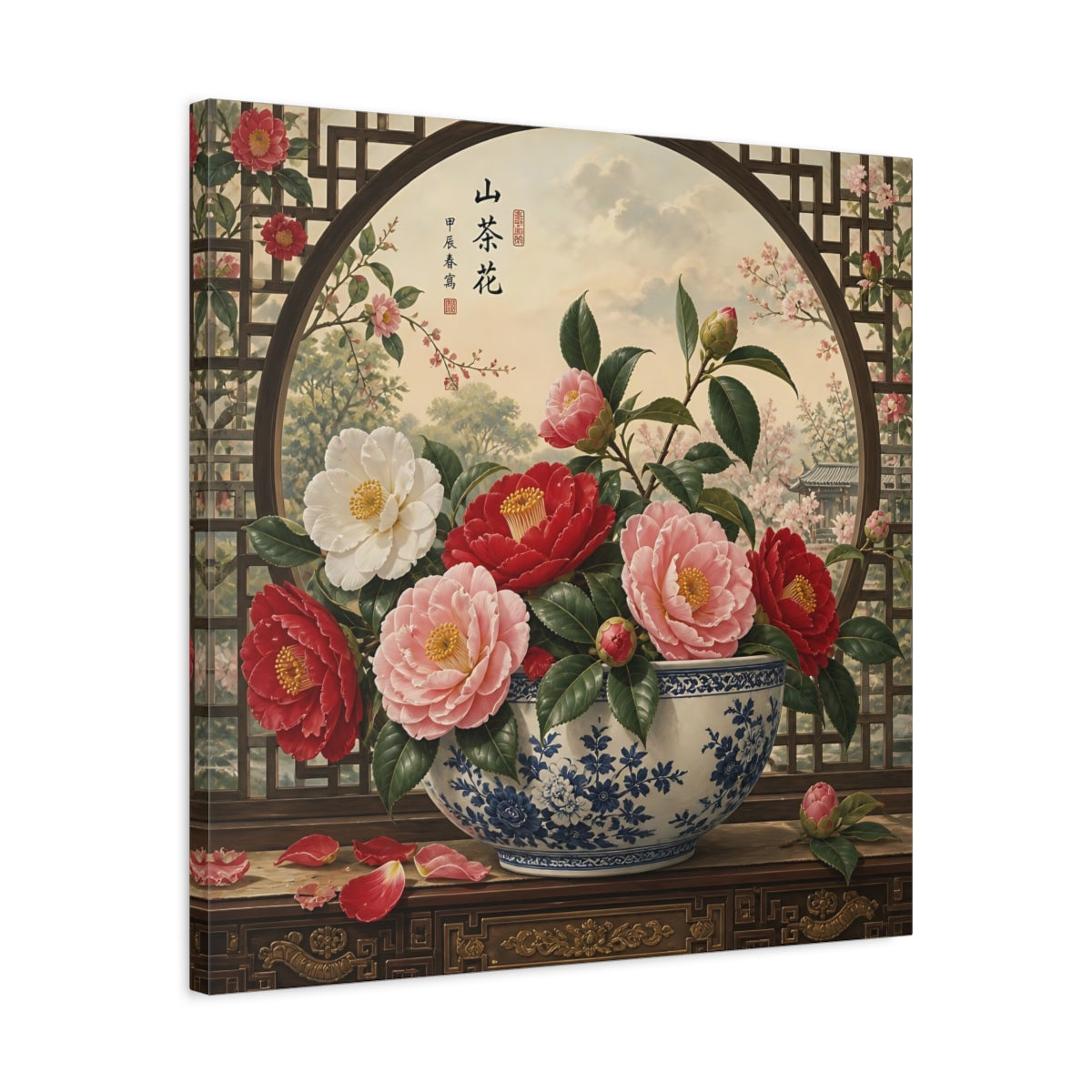 Side Mockup 4. Floral Camellia Flowers Traditional Camellia shown as stretched canvas wall art