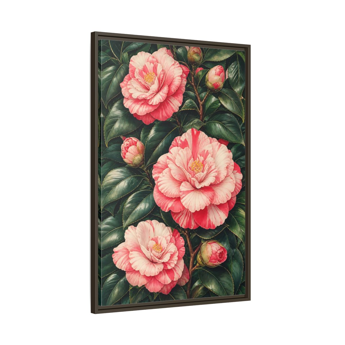 Main Mockup. Floral Camellia Pink Camellia shown as framed canvas print