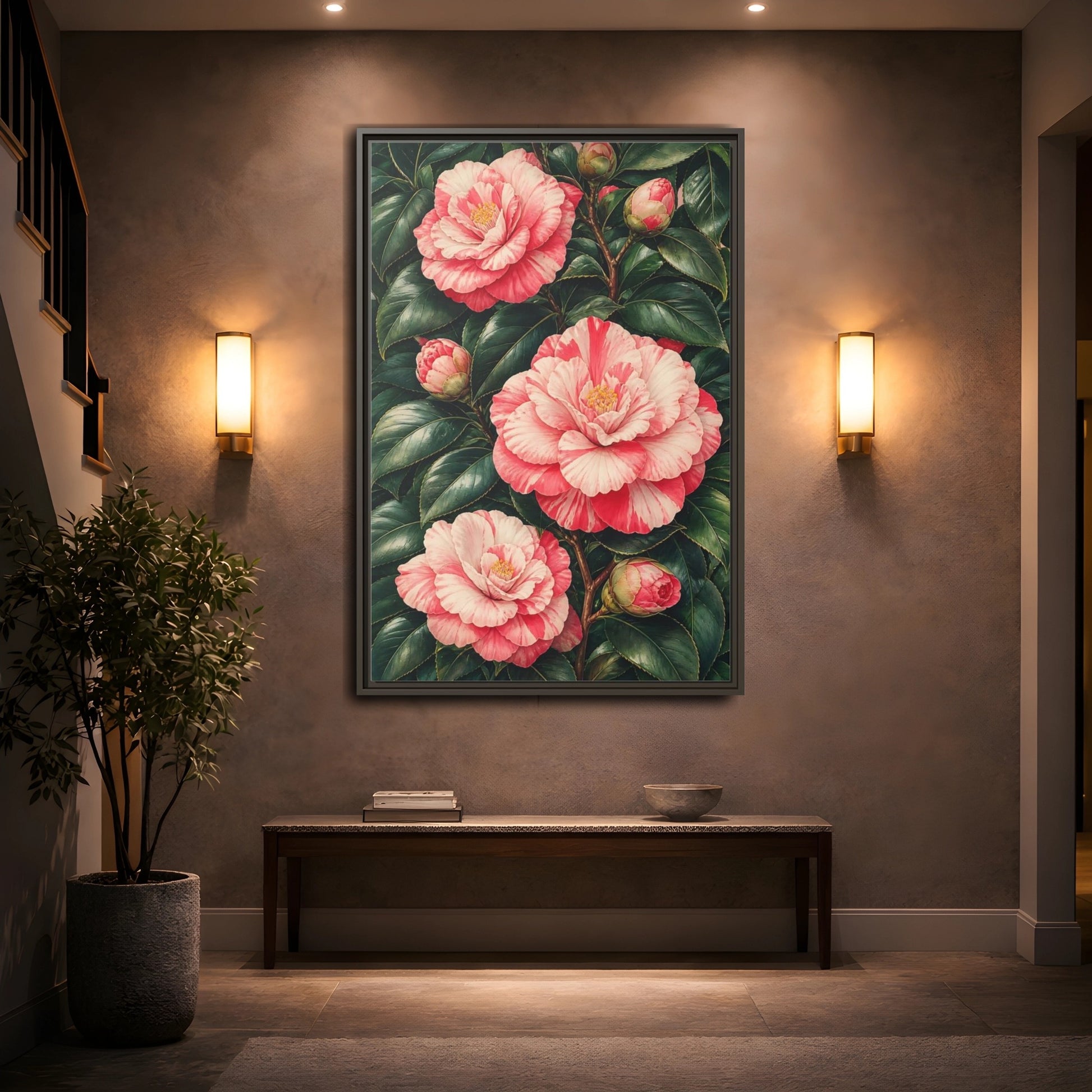 Mockup 2. Floral Camellia Pink Camellia shown as framed canvas print