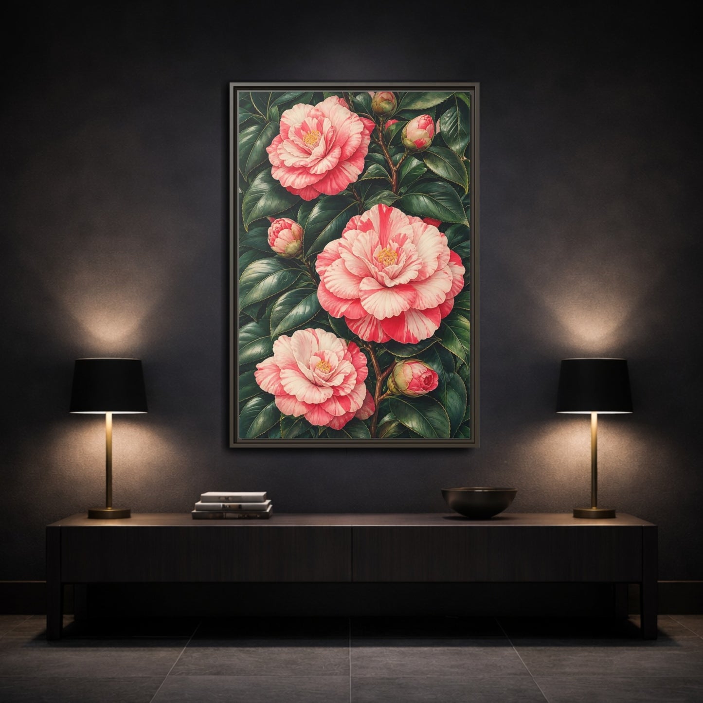 Mockup 3. Floral Camellia Pink Camellia shown as framed canvas print
