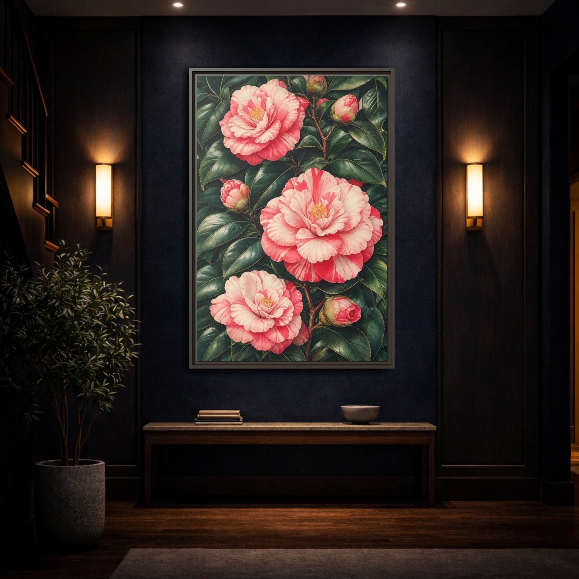 Mockup 4. Floral Camellia Pink Camellia shown as framed canvas print