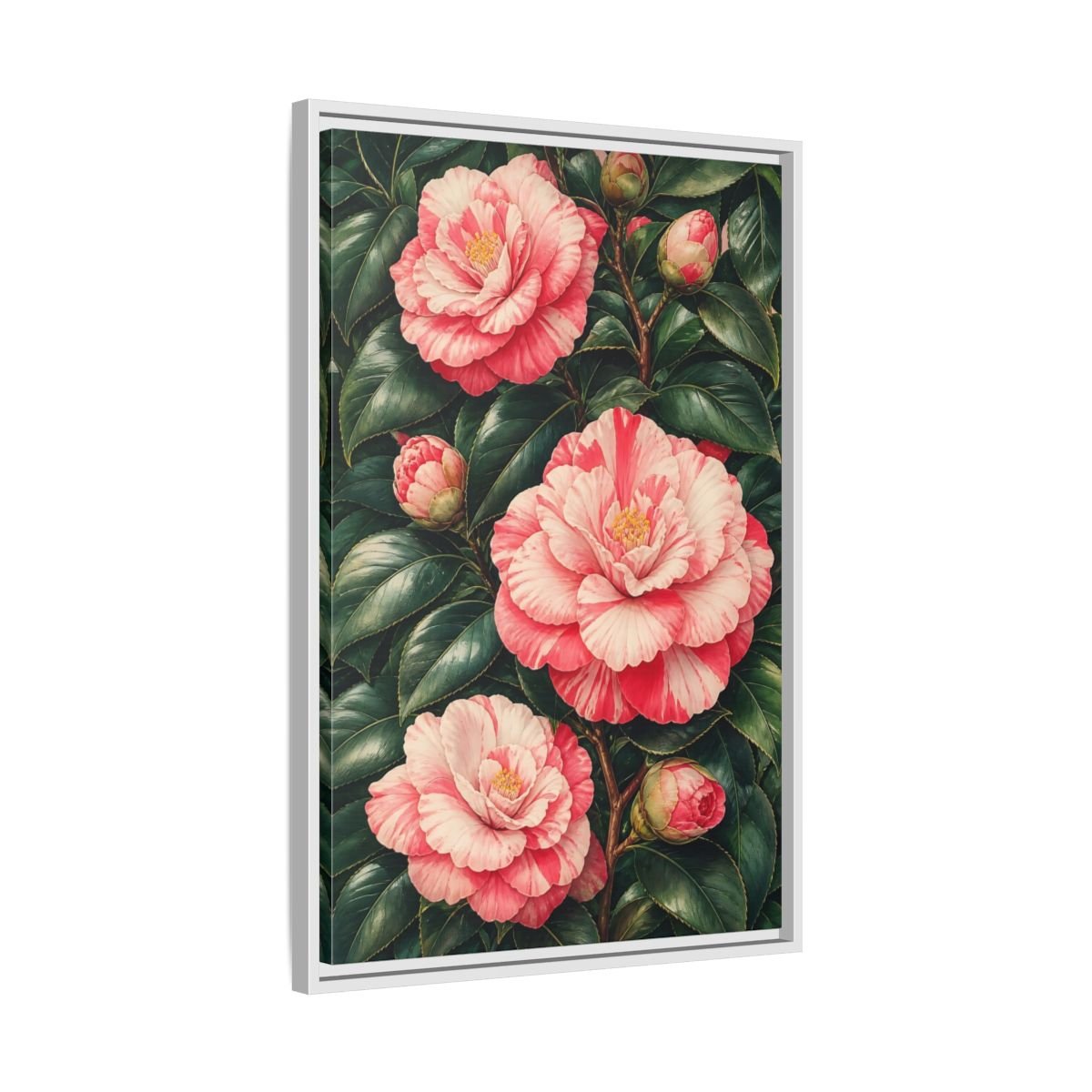 Floral Camellia Pink Framed Canvas Print Wall Art – botanical illustration Living Room, Above Couch - YesArtYes
