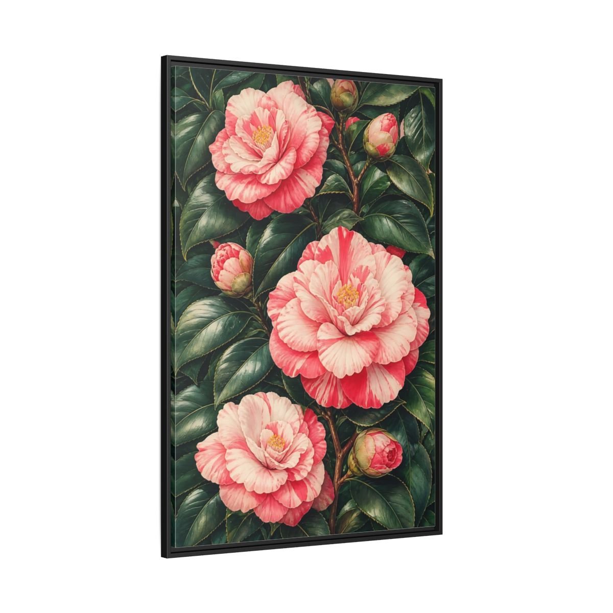 Floral Camellia Pink Framed Canvas Print Wall Art – botanical illustration Living Room, Above Couch - YesArtYes