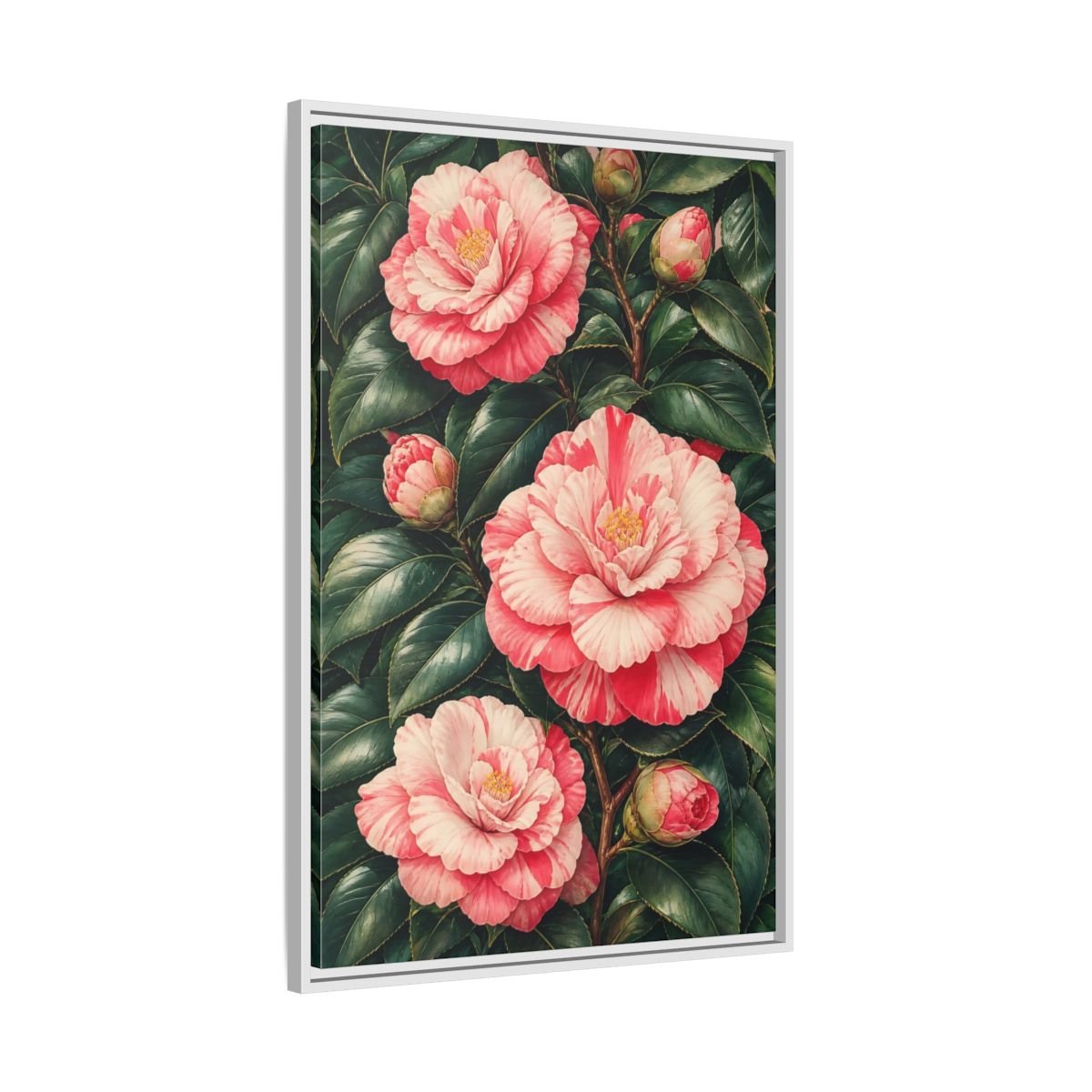 Floral Camellia Pink Framed Canvas Print Wall Art – botanical illustration Living Room, Above Couch - YesArtYes