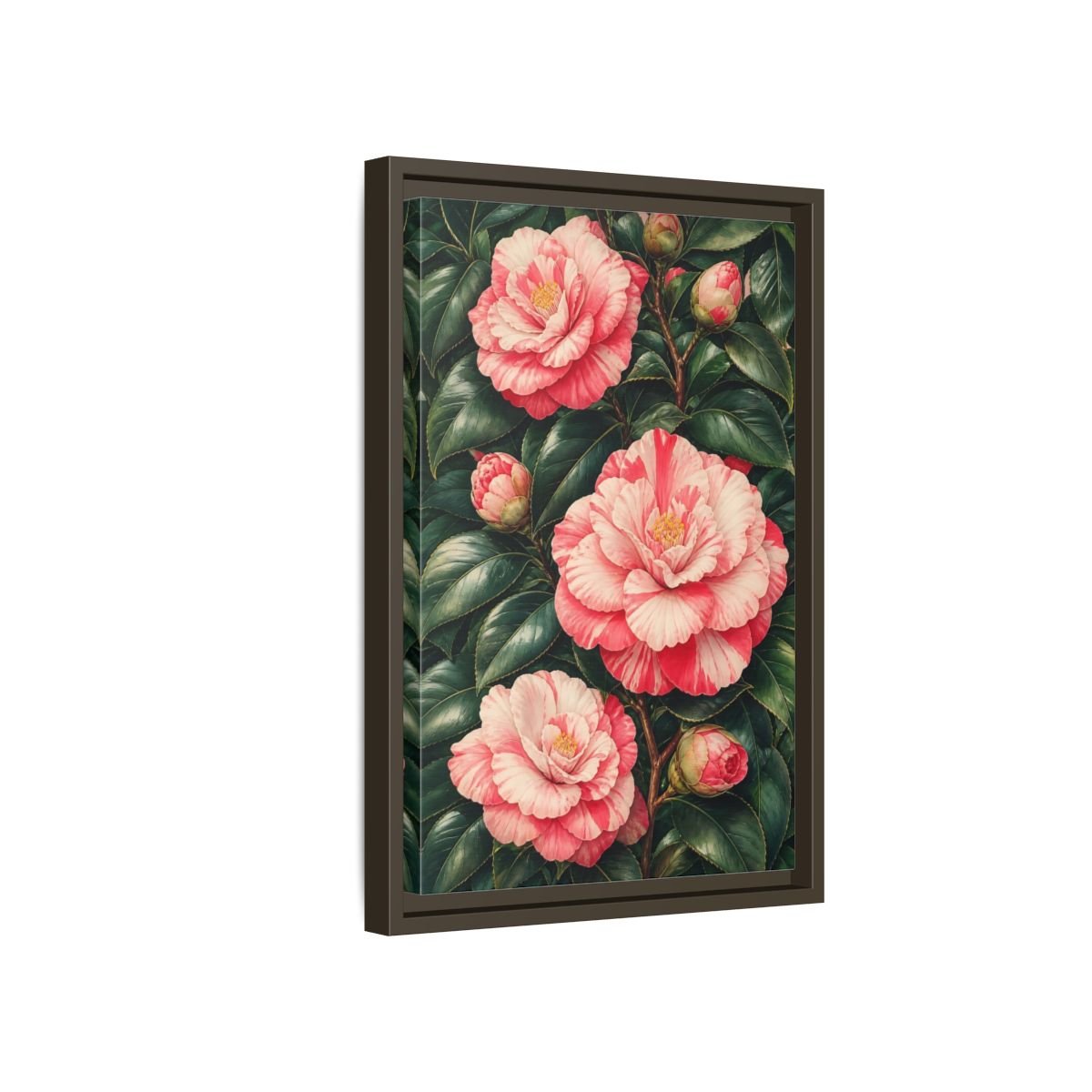 Floral Camellia Pink Framed Canvas Print Wall Art – botanical illustration Living Room, Above Couch - YesArtYes