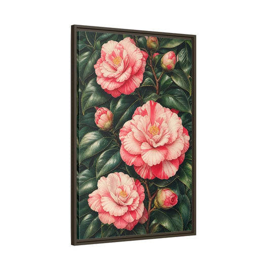 Floral Camellia Pink Framed Canvas Print Wall Art – botanical illustration Living Room, Above Couch - YesArtYes