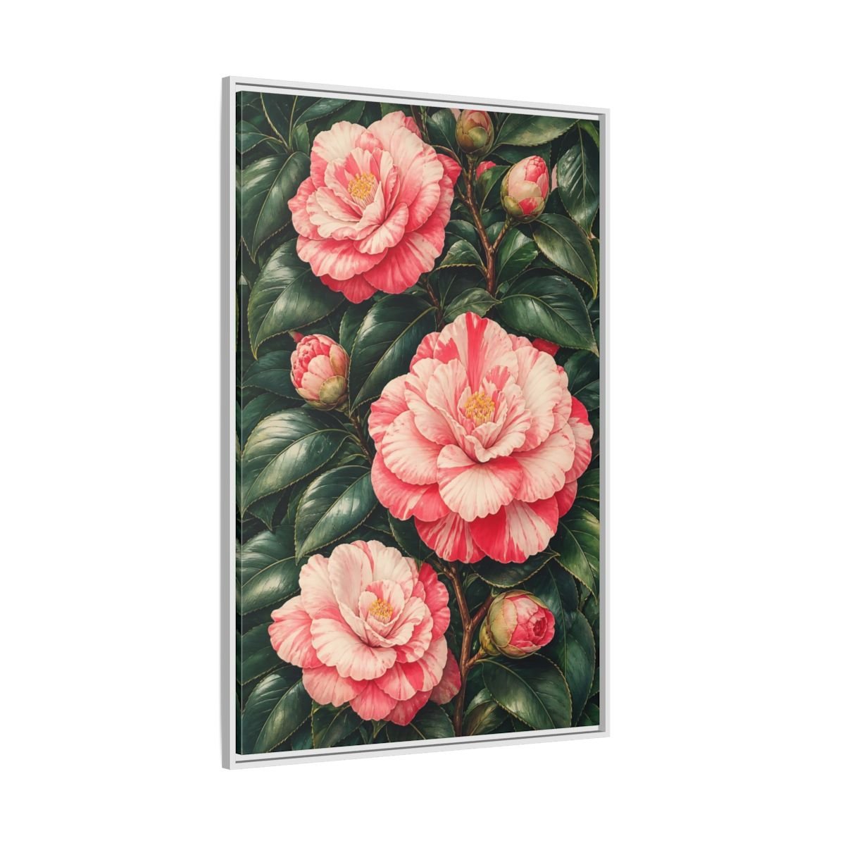 Floral Camellia Pink Framed Canvas Print Wall Art – botanical illustration Living Room, Above Couch - YesArtYes