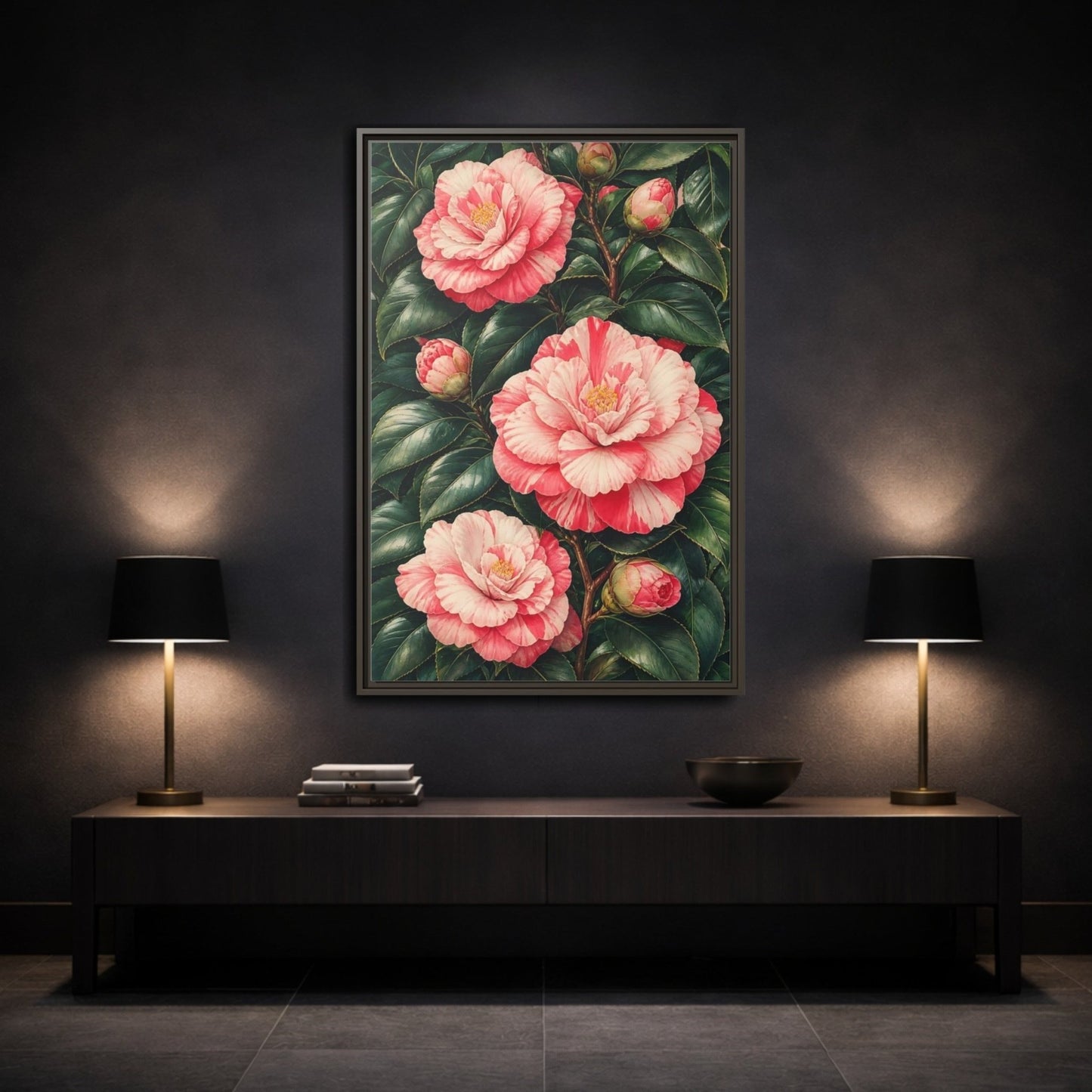 Floral Camellia Pink Framed Canvas Print Wall Art – botanical illustration Living Room, Above Couch - YesArtYes