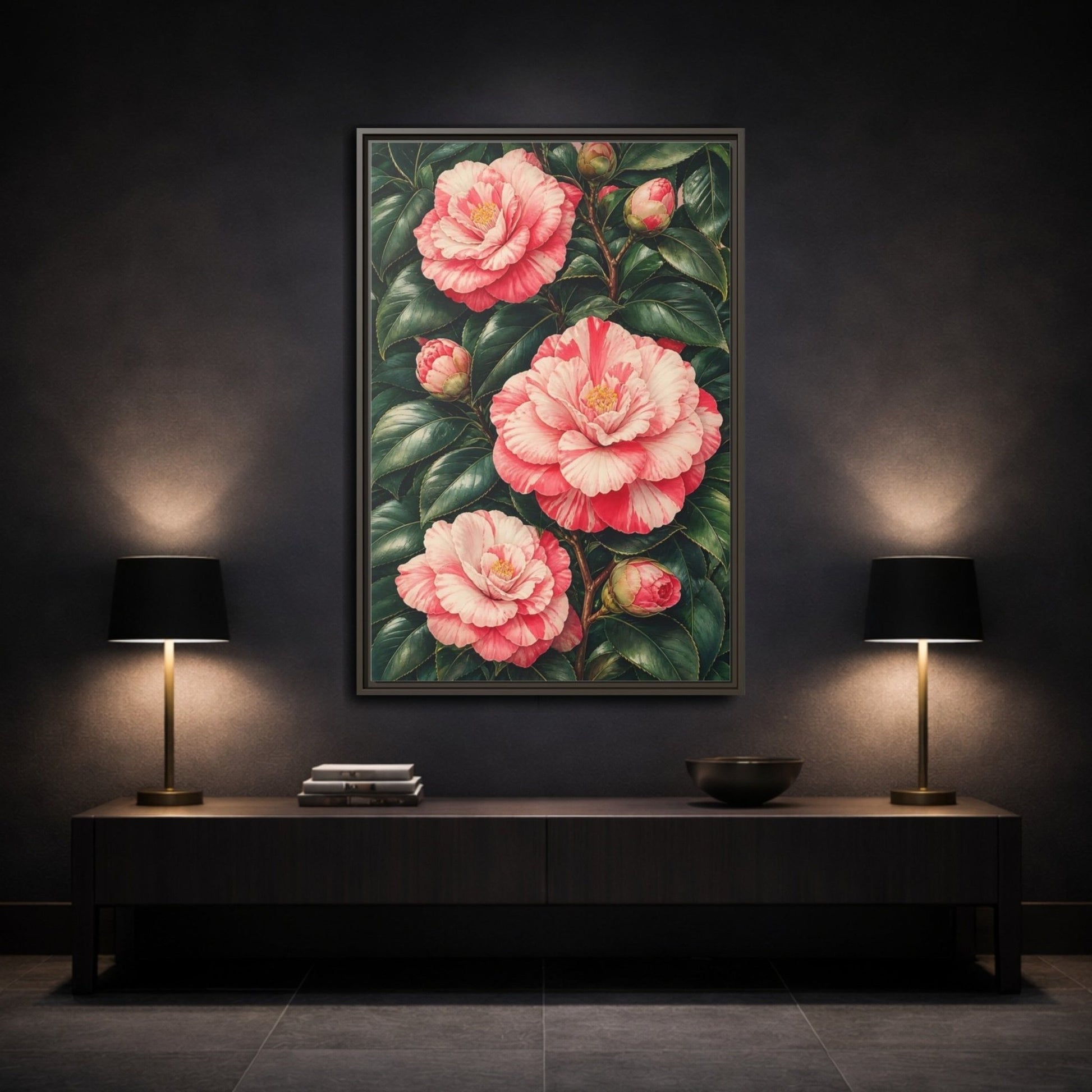 Floral Camellia Pink Framed Canvas Print Wall Art – botanical illustration Living Room, Above Couch - YesArtYes