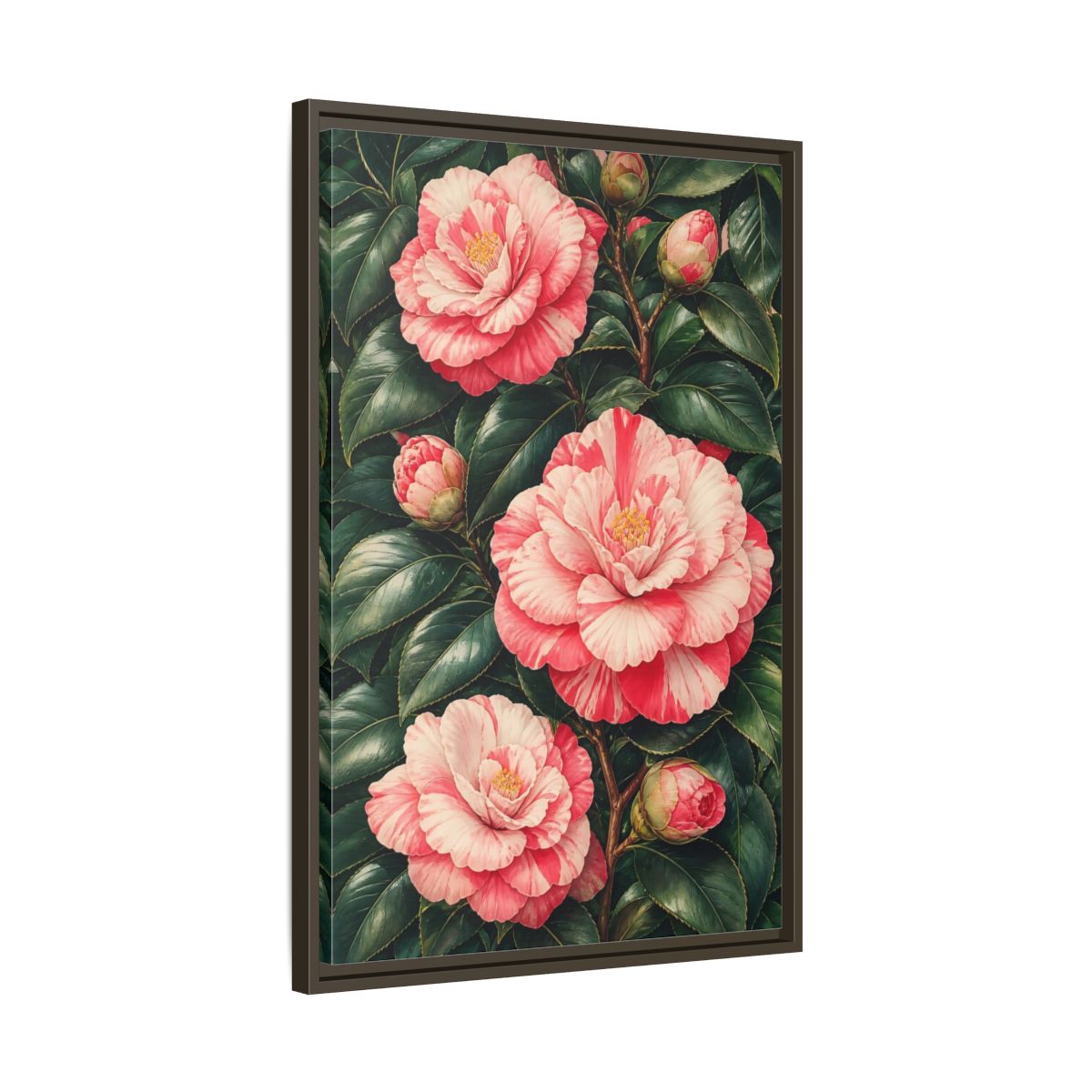 Side Mockup 11. Floral Camellia Pink Camellia shown as framed canvas print