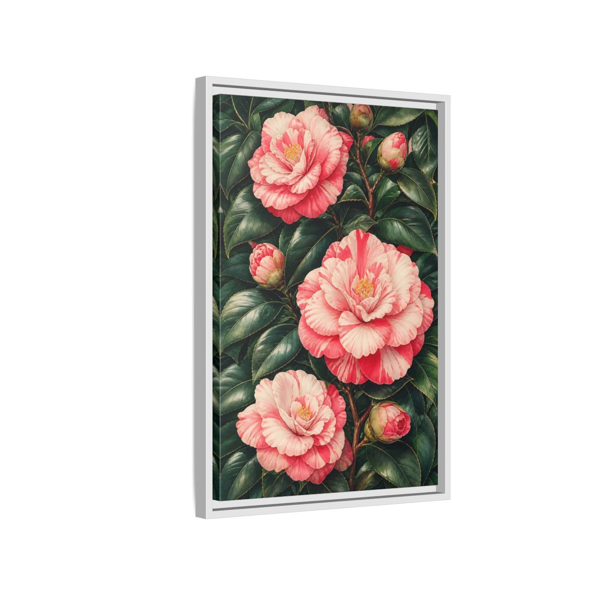 Side Mockup 1. Floral Camellia Pink Camellia shown as framed canvas print